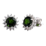 Genuine Chrome Diopside And White Zircon Sterling Silver Flower Earrings