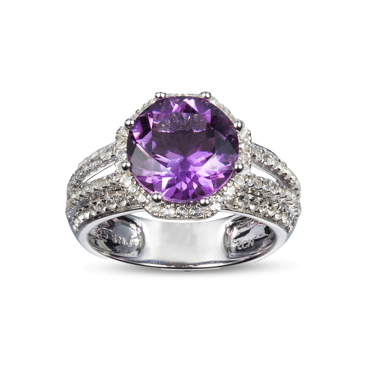 Genuine Amethyst And White Topaz Sterling Silver Halo Ring