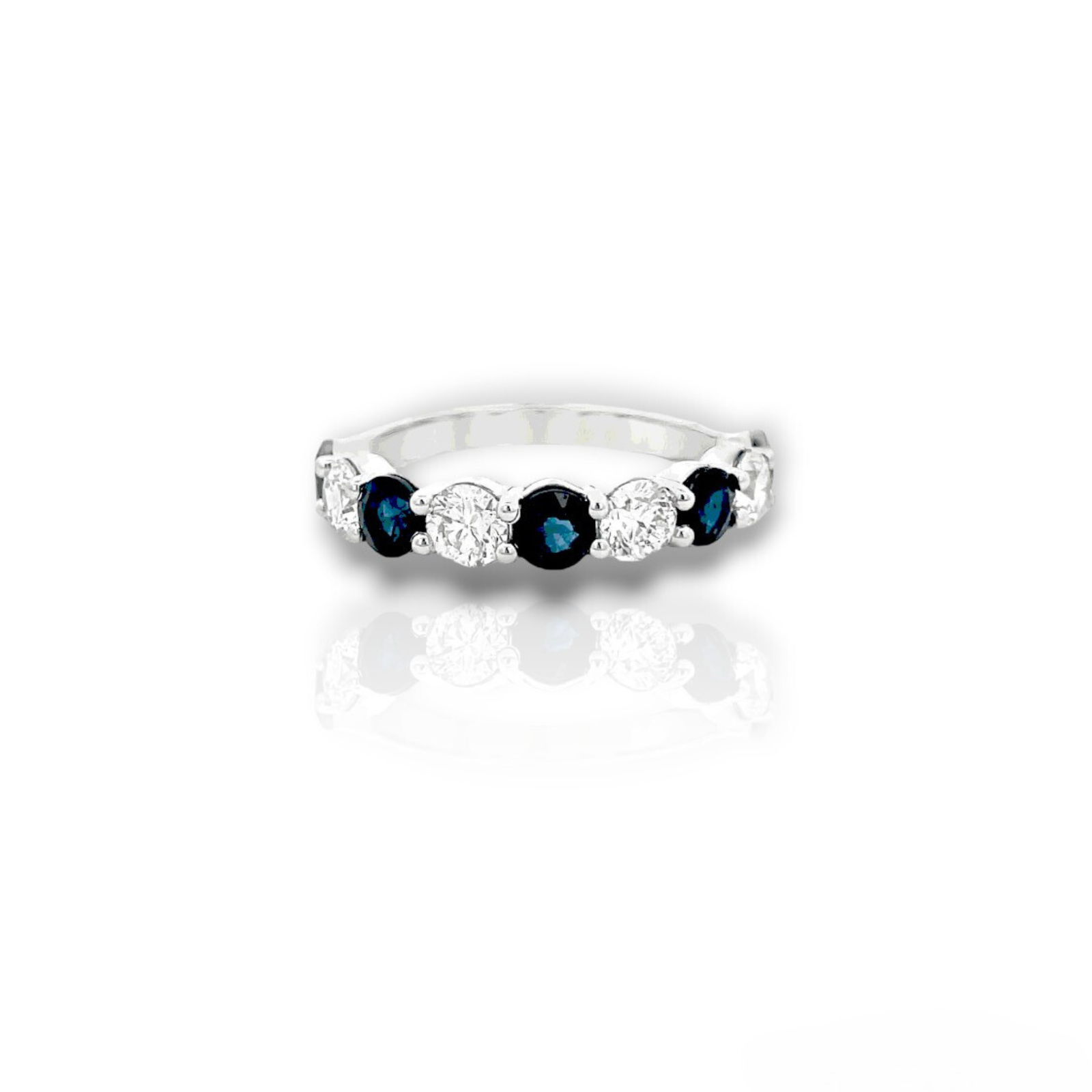 Premium Grade Round Cut Sapphires & H-I Color, SI Clarity  Round Brilliant Cut Diamonds in 14KT White Gold Ring