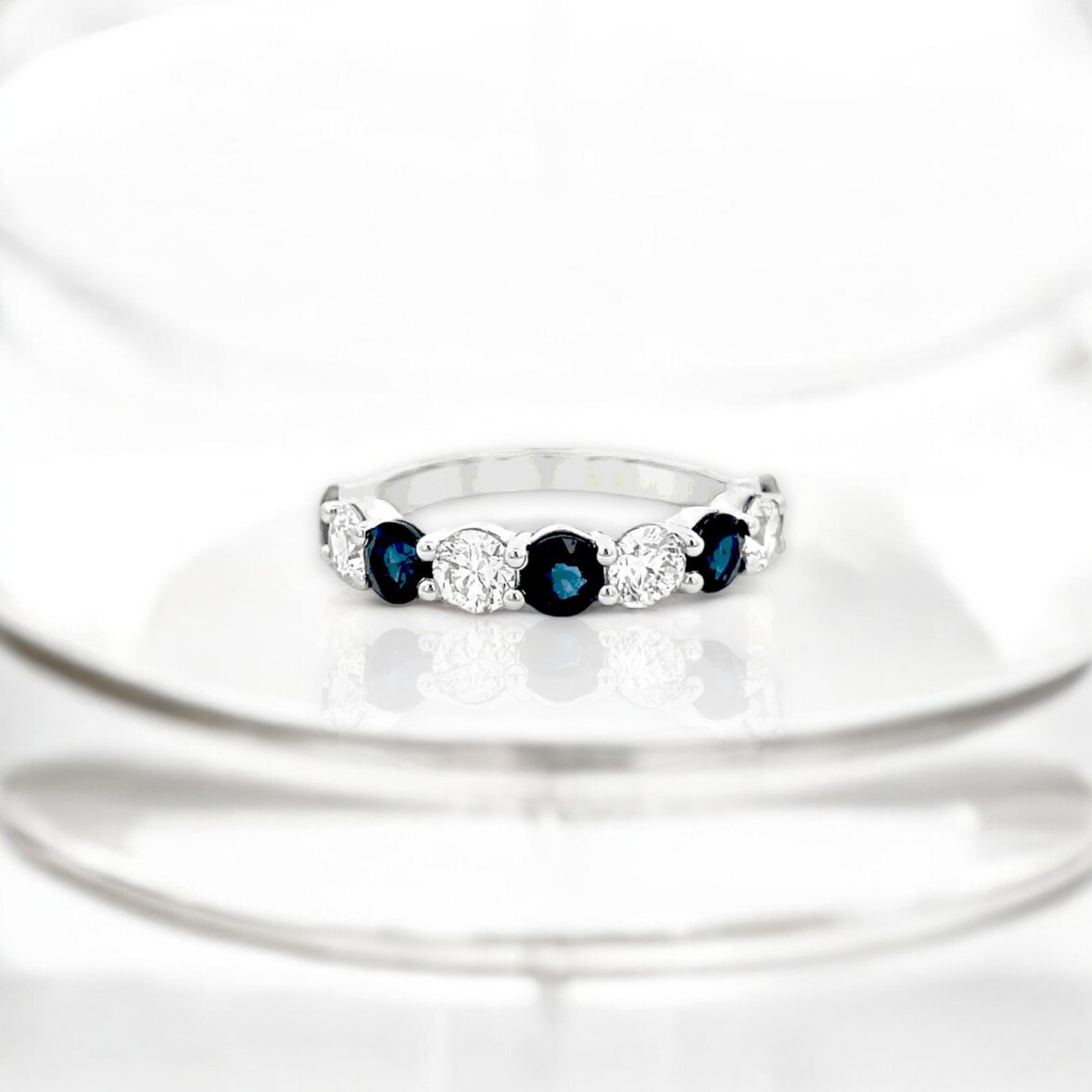 Premium Grade Round Cut Sapphires & H-I Color, SI Clarity  Round Brilliant Cut Diamonds in 14KT White Gold Ring