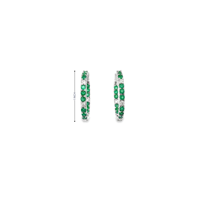 14KT WHITE GOLD EMERALD & DIAMOND HOOP EARRINGS