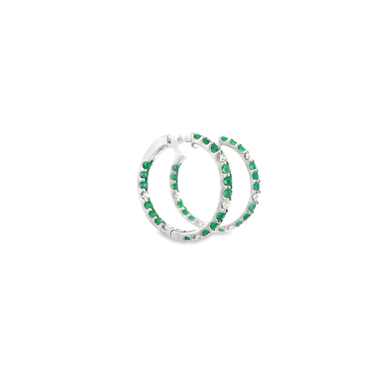 14KT WHITE GOLD EMERALD & DIAMOND HOOP EARRINGS