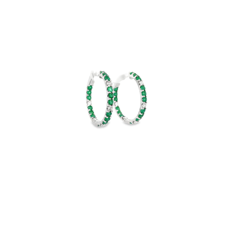 14KT WHITE GOLD EMERALD & DIAMOND HOOP EARRINGS