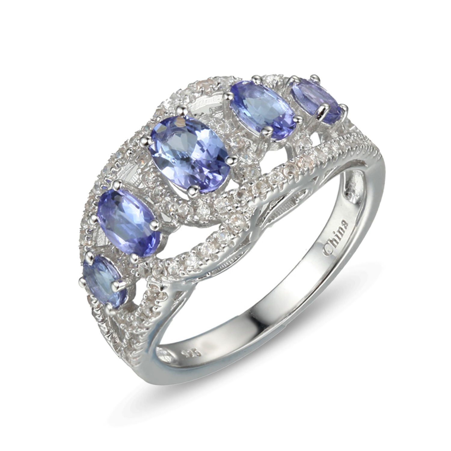 Genuine Tanzanite And White Zircon Sterling Silver Loop Ring