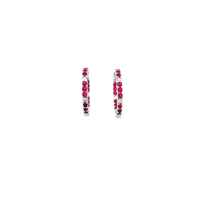 14KT WHITE GOLD RUBY & DIAMOND HOOP EARRINGS