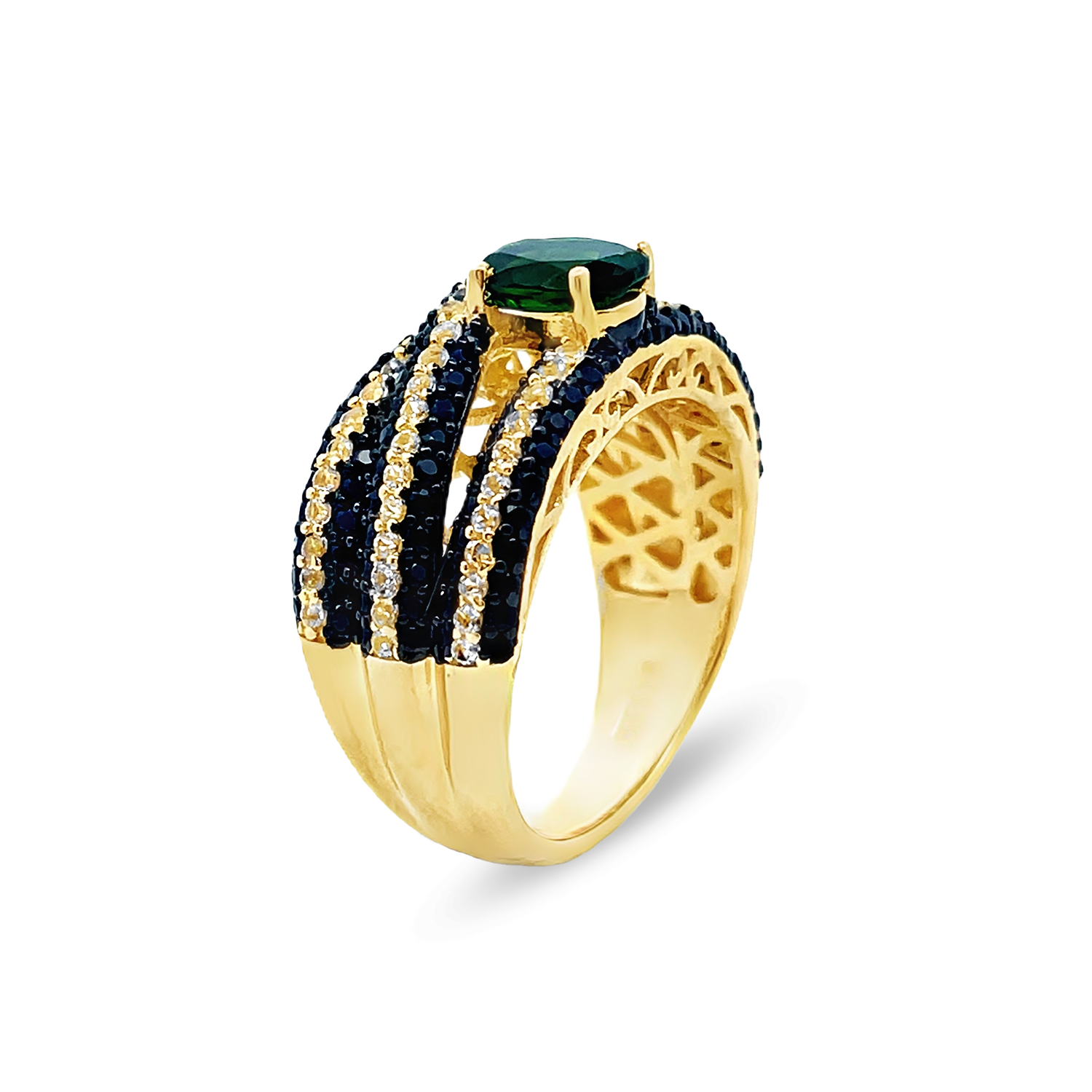 925 Sterling Silver Chrome Diopside, Black Spinel, & White Zircon Ring