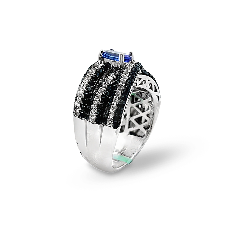925 Sterling Silver Tanzanite, Black Spinel, & White Zircon Ring