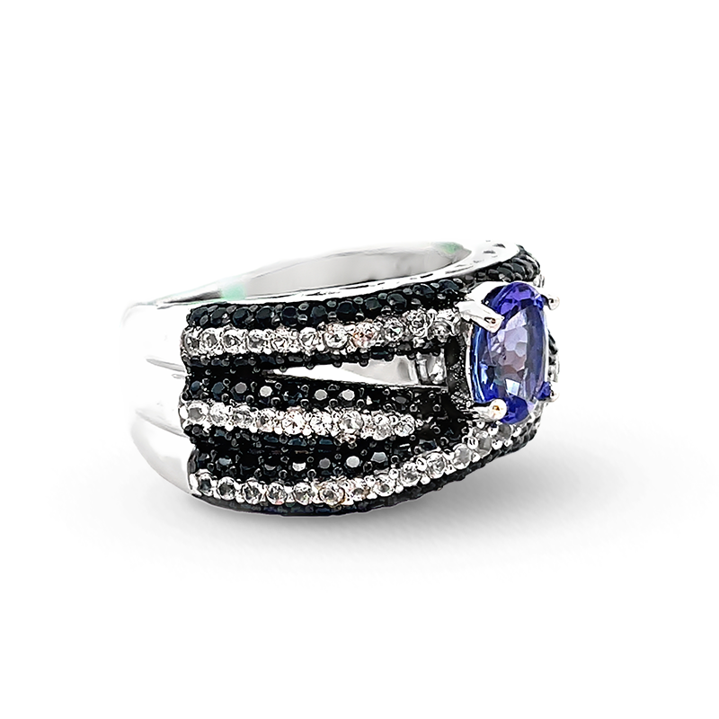925 Sterling Silver Tanzanite, Black Spinel, & White Zircon Ring