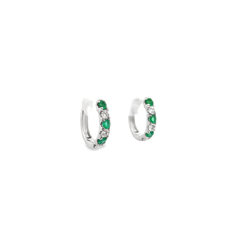 14KT WHITE GOLD EMERALD & DIAMOND HOOP EARRINGS