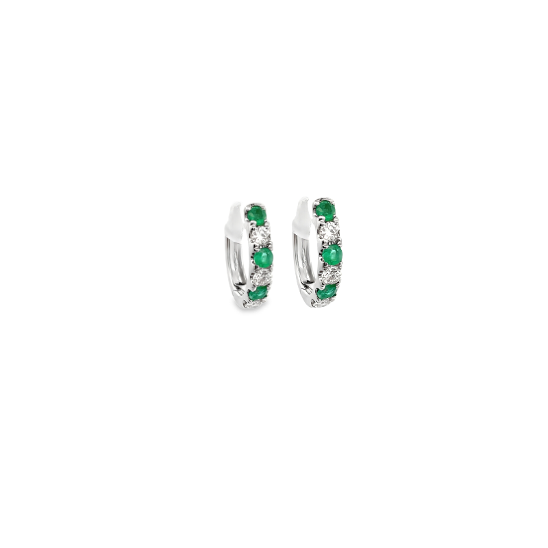 14KT WHITE GOLD EMERALD & DIAMOND HOOP EARRINGS