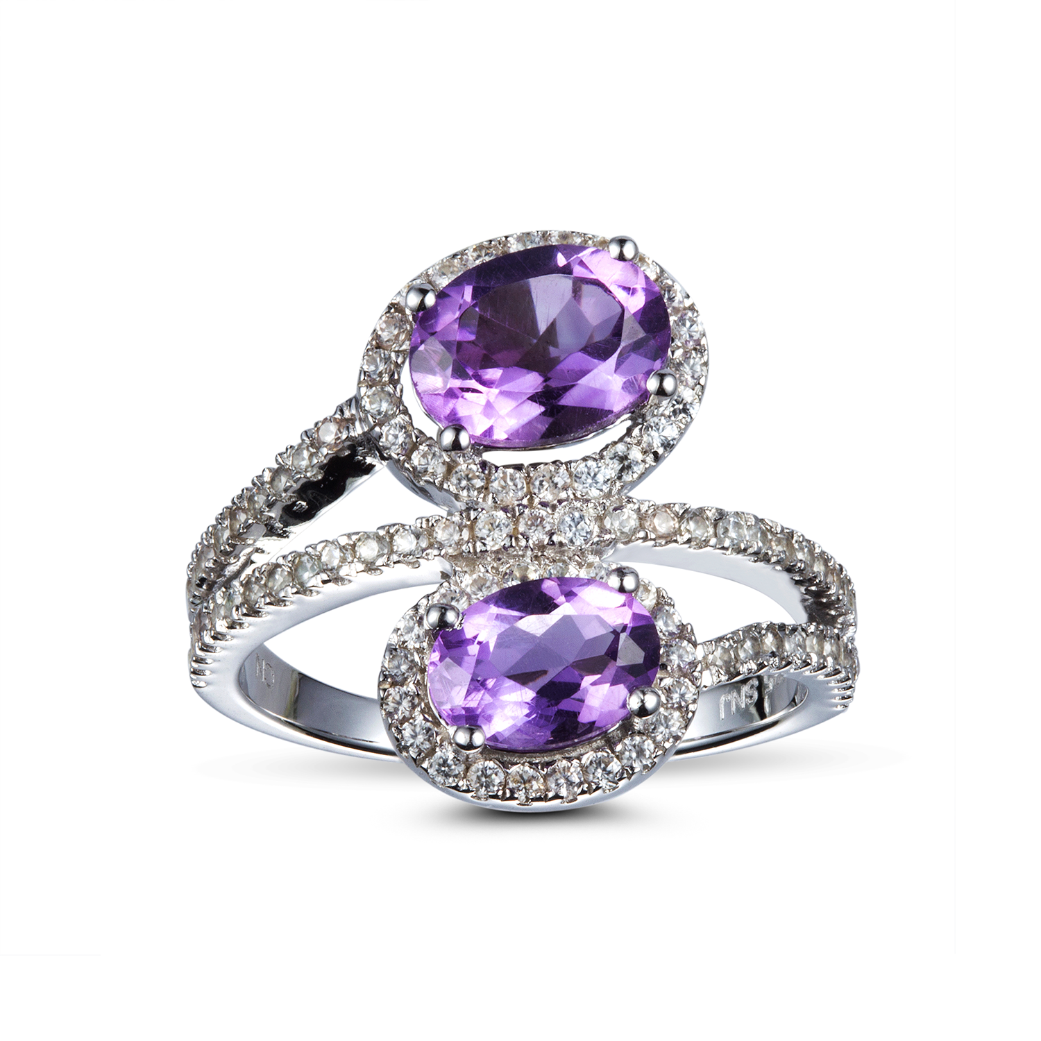 Genuine Amethyst And White Zircon Sterling Silver 2 Stone Ring