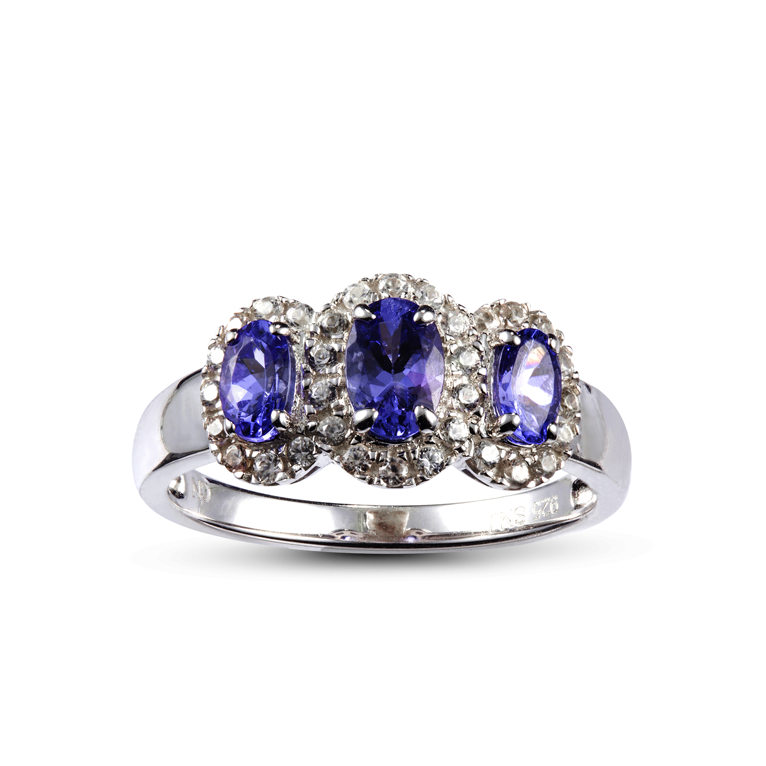 Genuine Tanzanite And White Zircon Sterling Silver 3 Stone Halo Ring