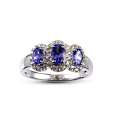 Genuine Tanzanite And White Zircon Sterling Silver 3 Stone Halo Ring