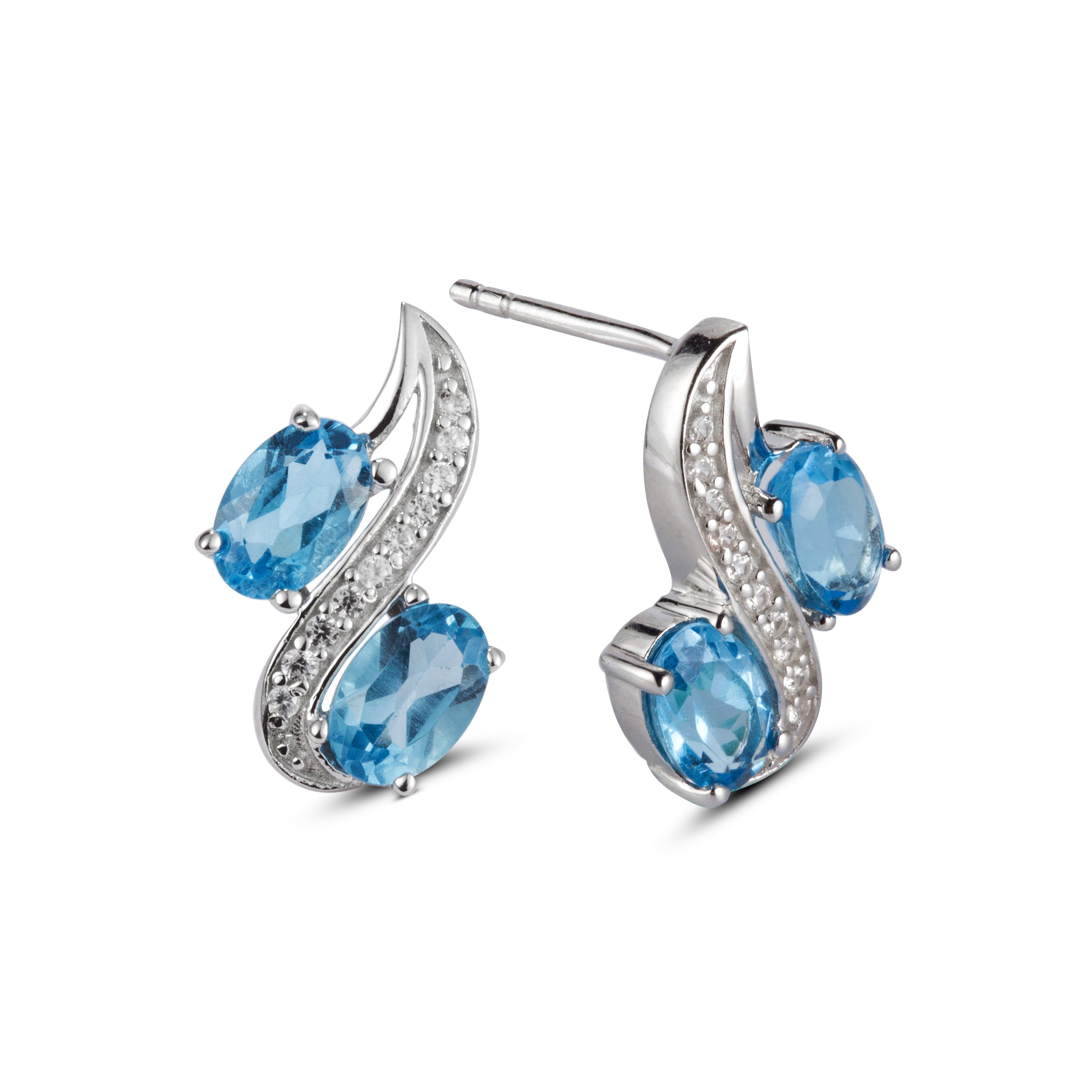 Genuine Blue Topaz And White Zircon Sterling Silver 2 Stone Earrings