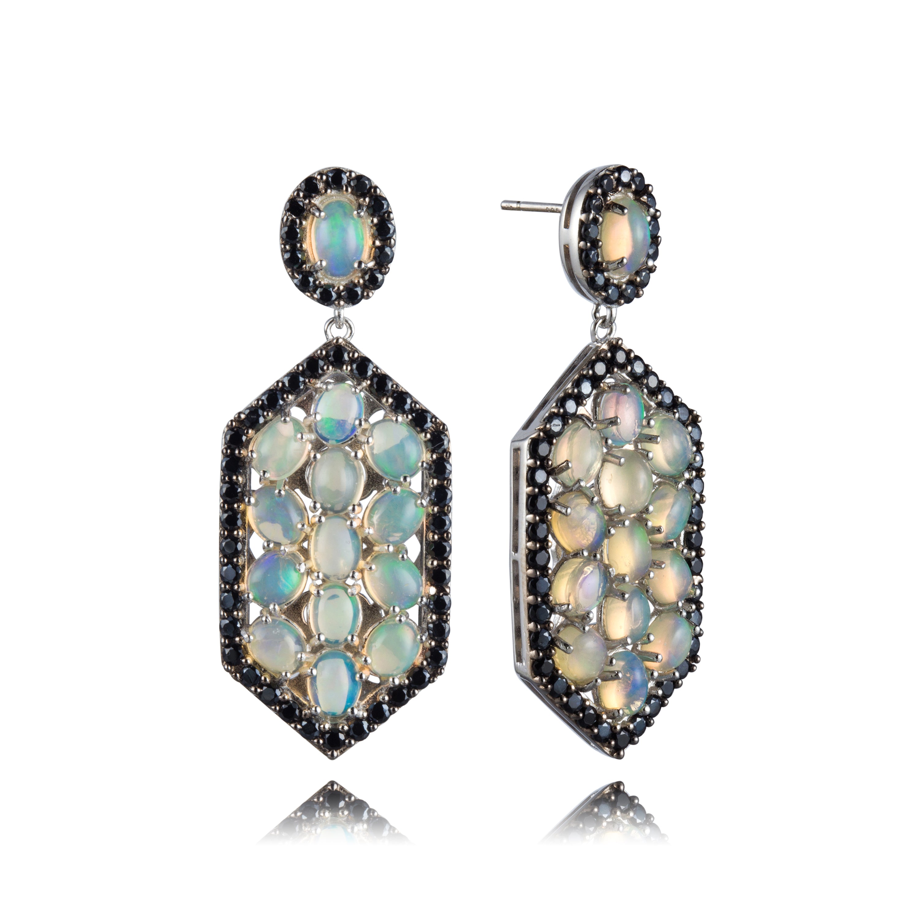 Genuine Opal And Black Spinel Sterling Silver Halo Dangle Earrings