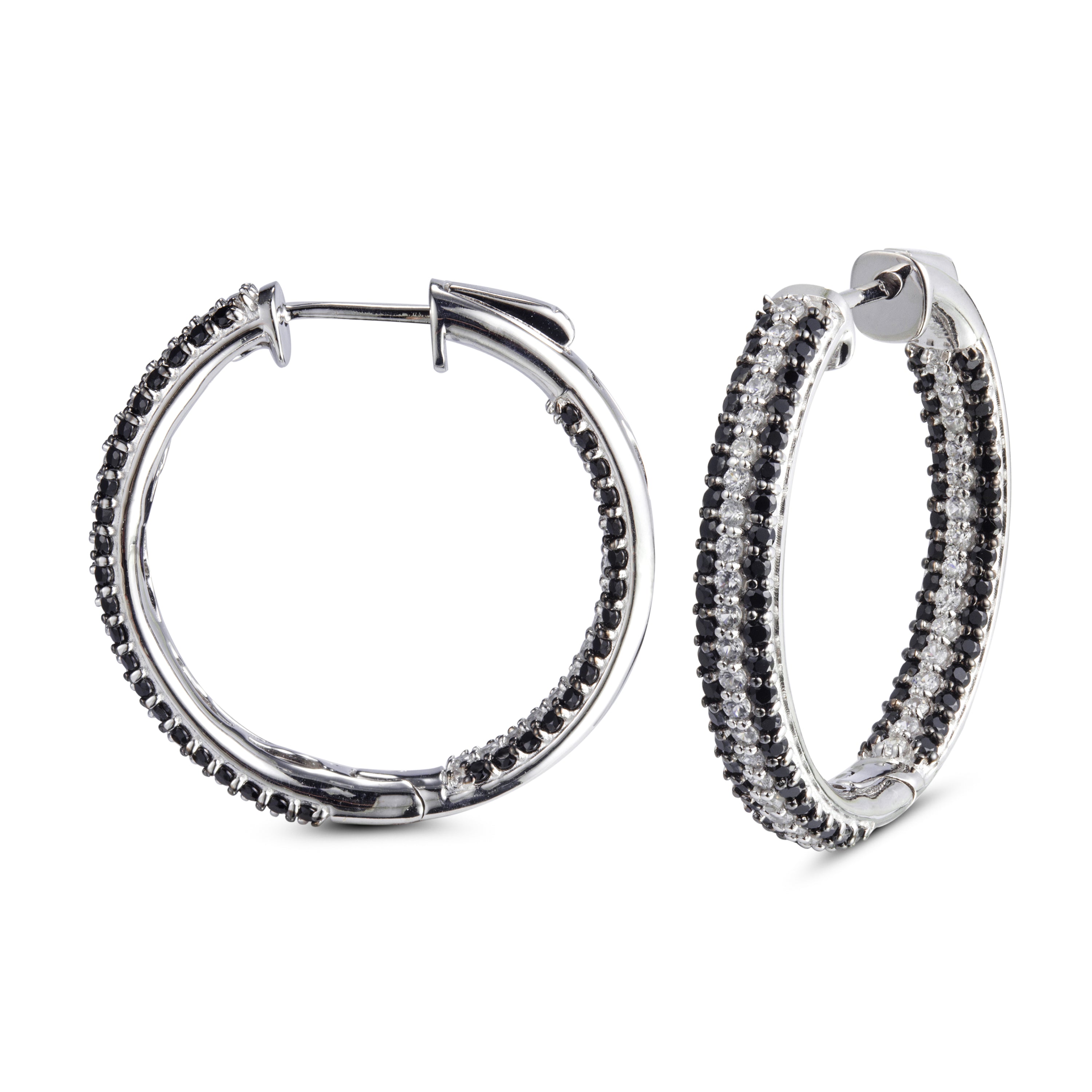 Genuine Black Spinel And White Zircon Sterling Silver Hoop Earrings