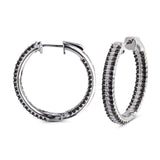 Genuine Black Spinel And White Zircon Sterling Silver Hoop Earrings