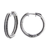 Genuine Black Spinel And White Zircon Sterling Silver Hoop Earrings