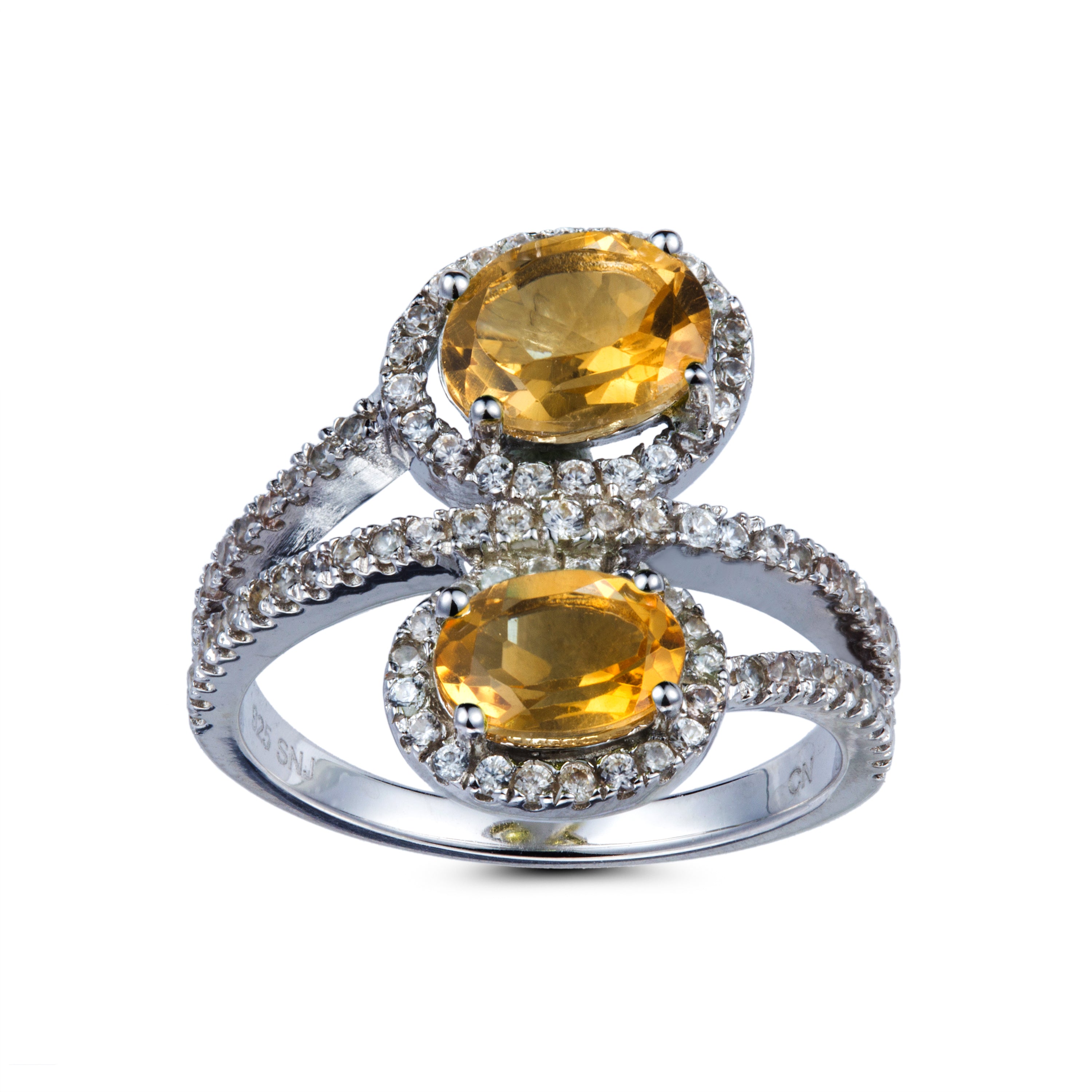 Genuine Citrine And White Zircon Sterling Silver 2 Stone Ring