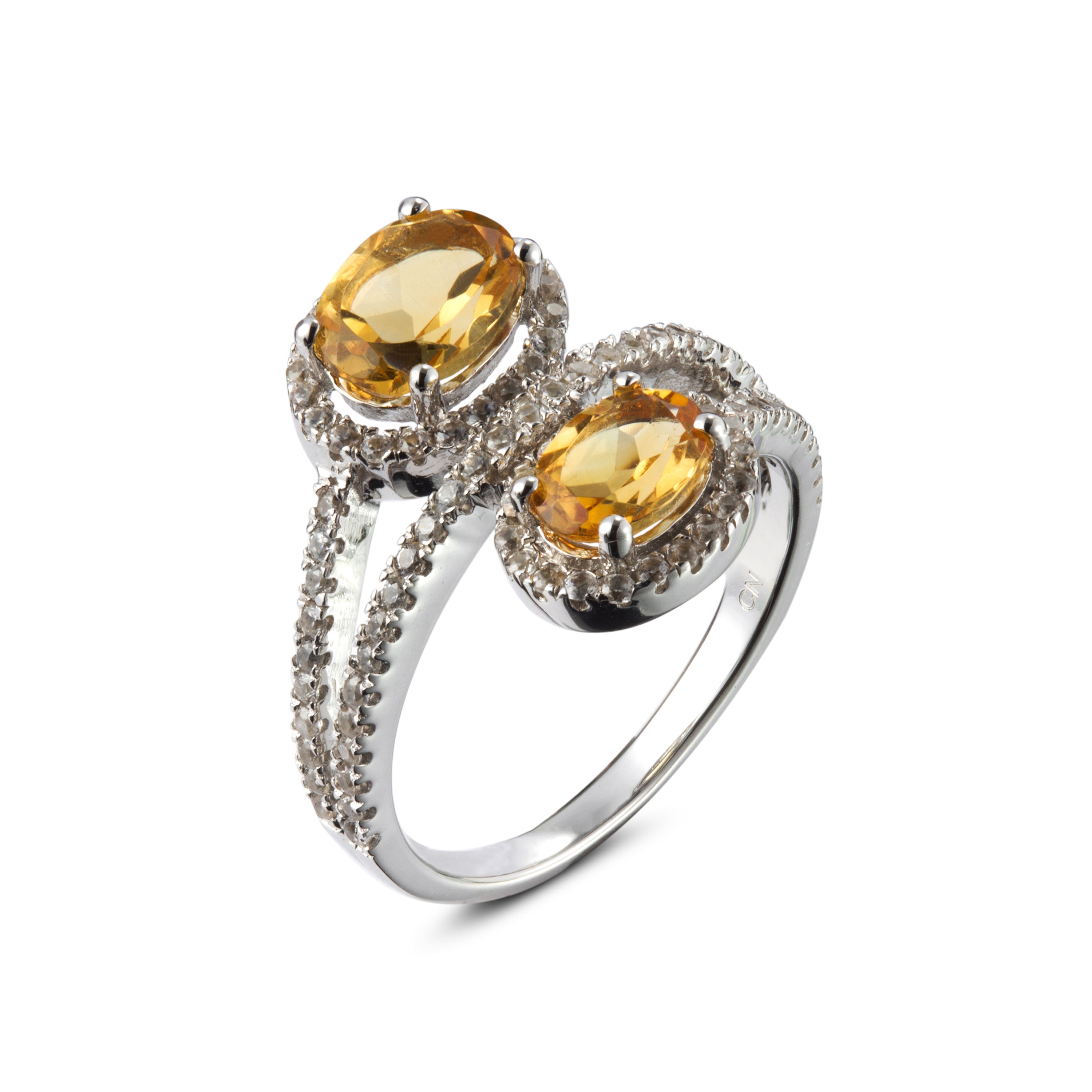 Genuine Citrine And White Zircon Sterling Silver 2 Stone Ring