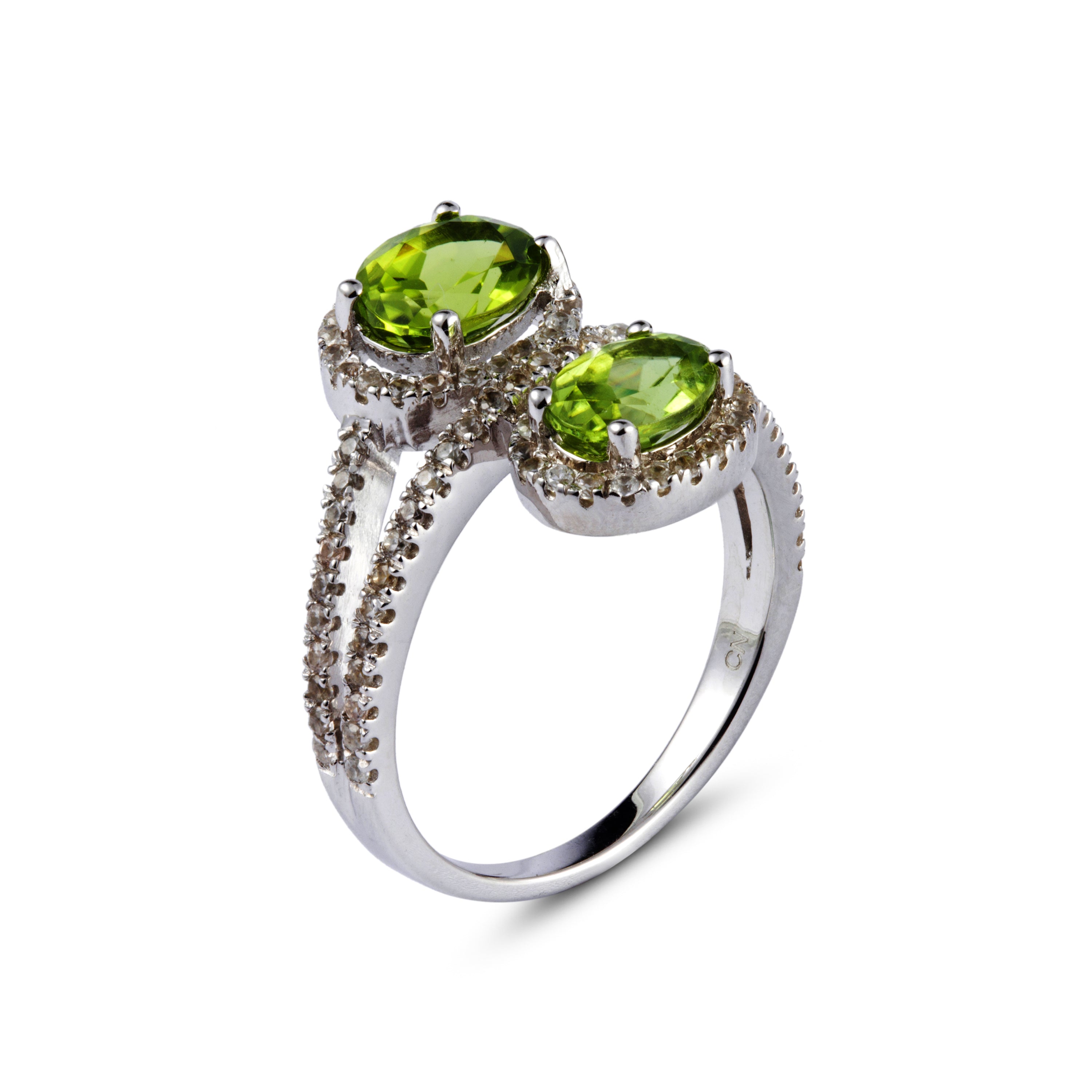 Genuine Peridot And White Zircon Sterling Silver 2 Stone Ring