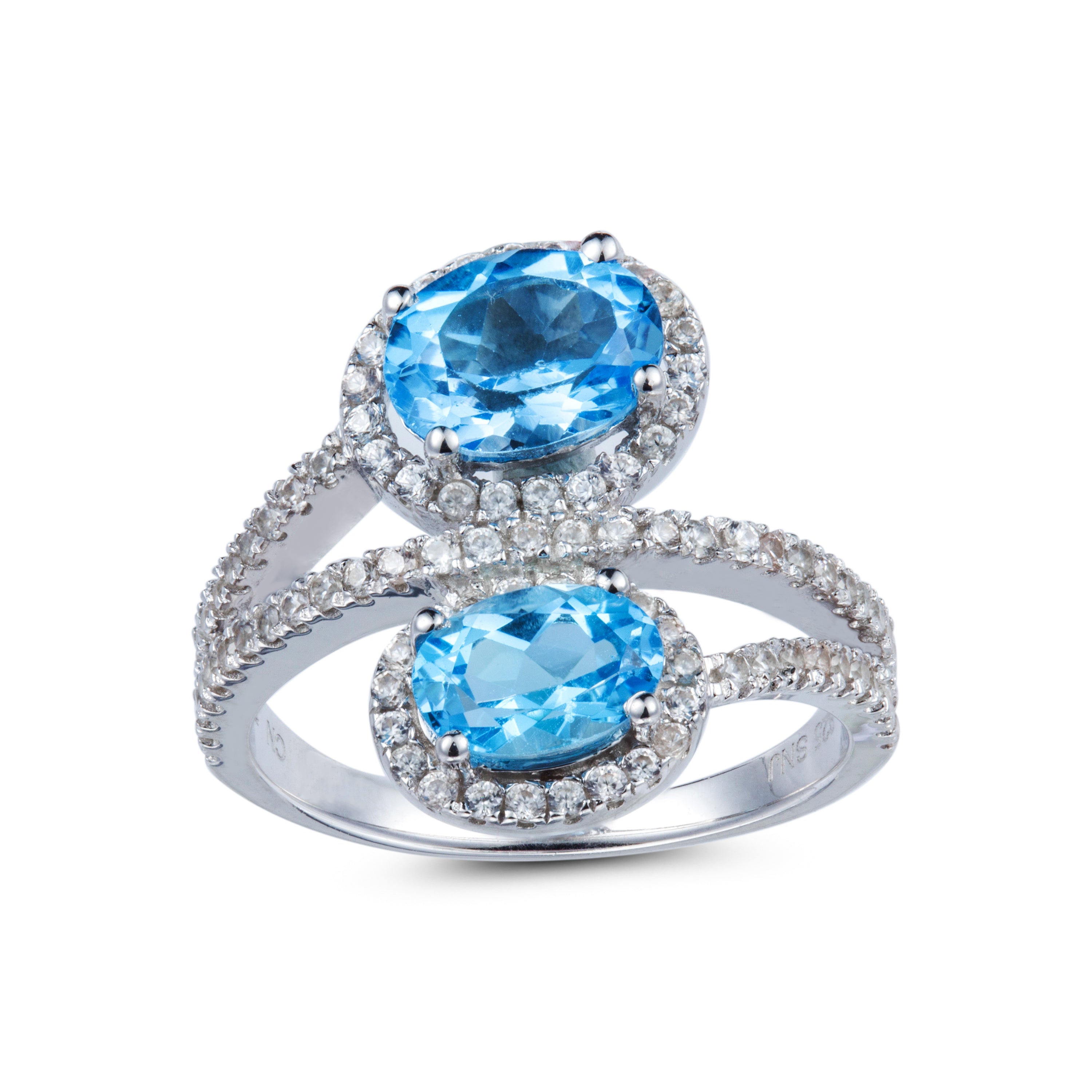 Genuine Blue Topaz And White Zircon Sterling Silver 2 Stone Ring