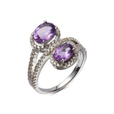 Genuine Amethyst And White Zircon Sterling Silver 2 Stone Ring