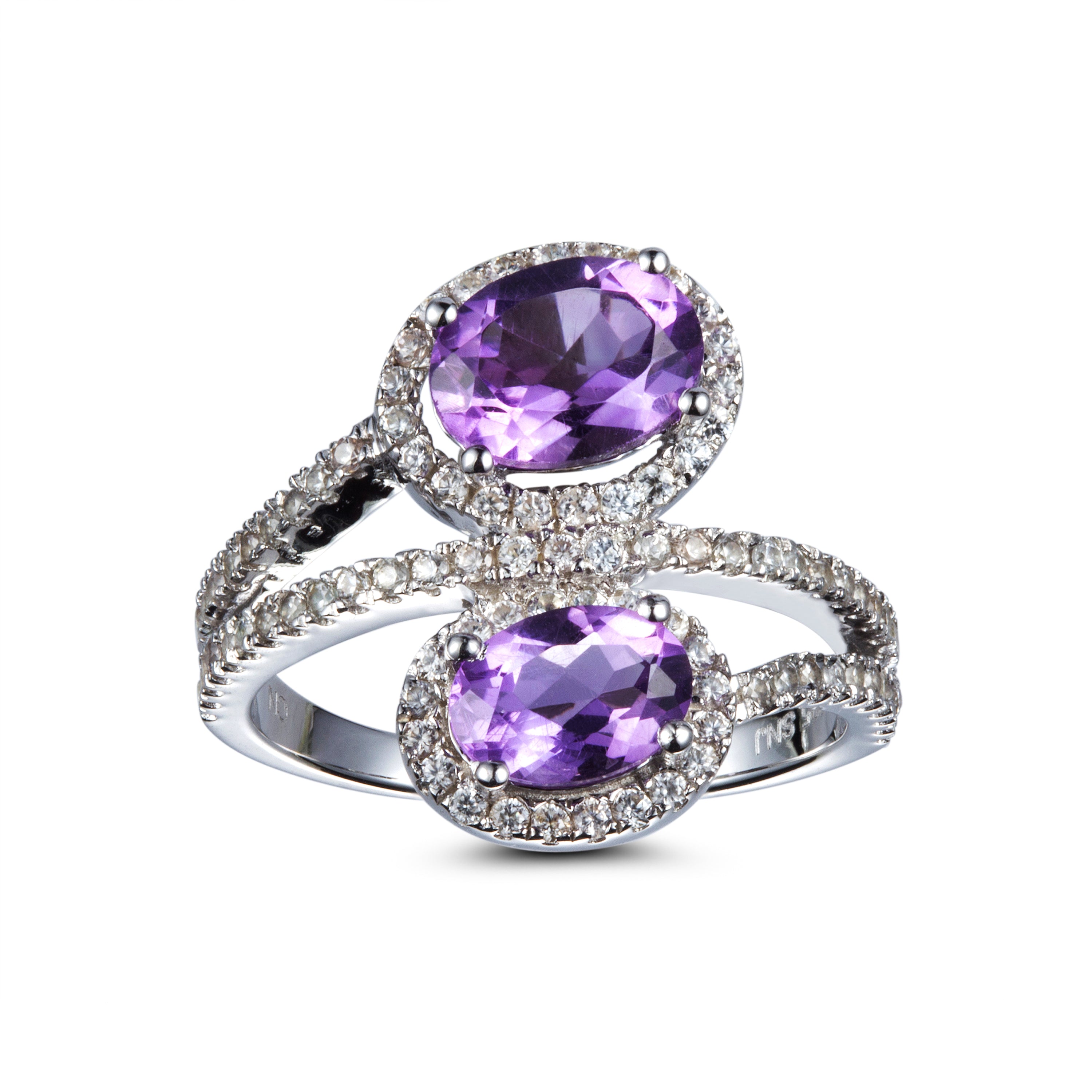 Genuine Amethyst And White Zircon Sterling Silver 2 Stone Ring