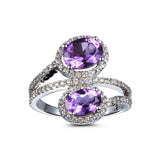 Genuine Amethyst And White Zircon Sterling Silver 2 Stone Ring