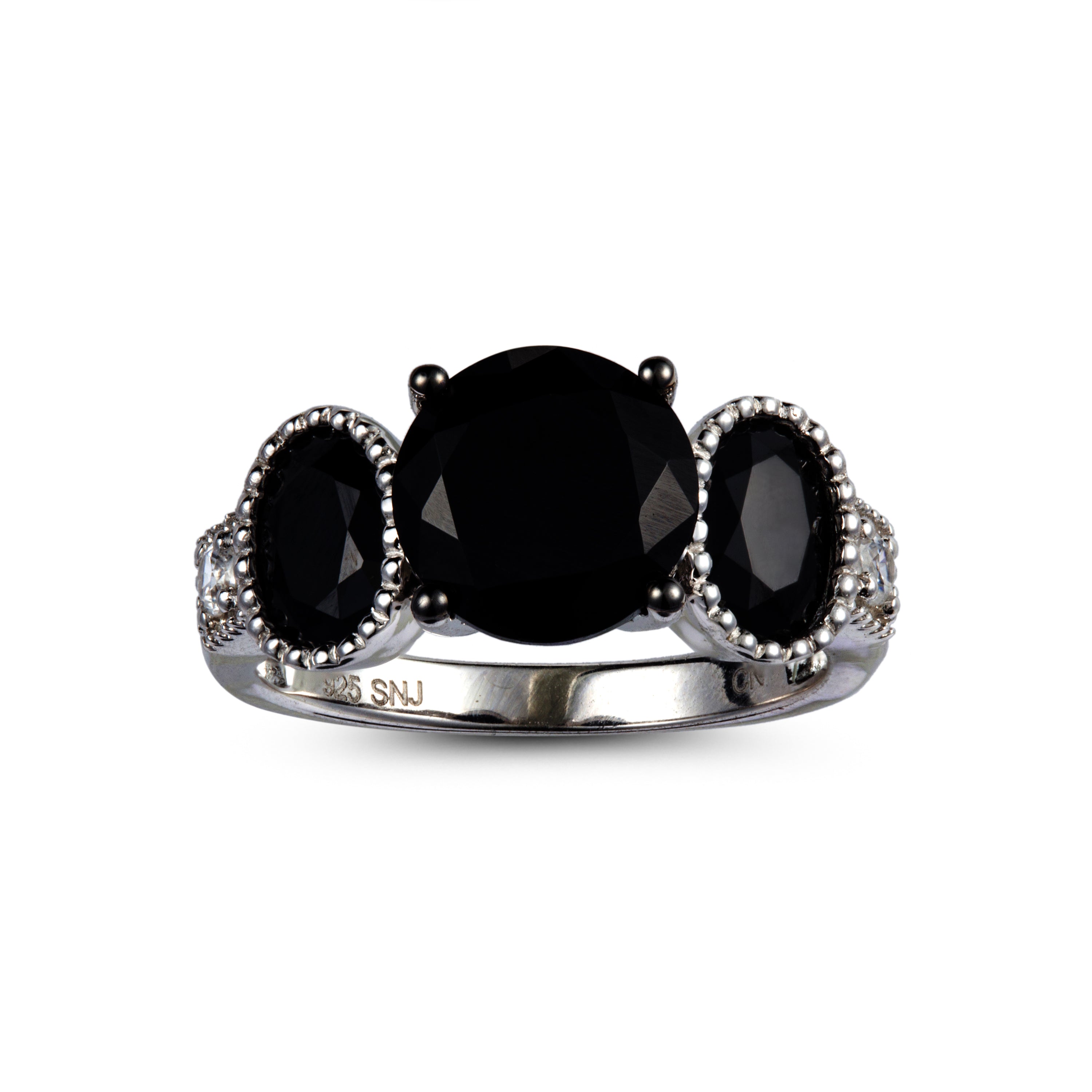 Genuine Black Spinel And White Zircon Sterling Silver 3 Stone Ring