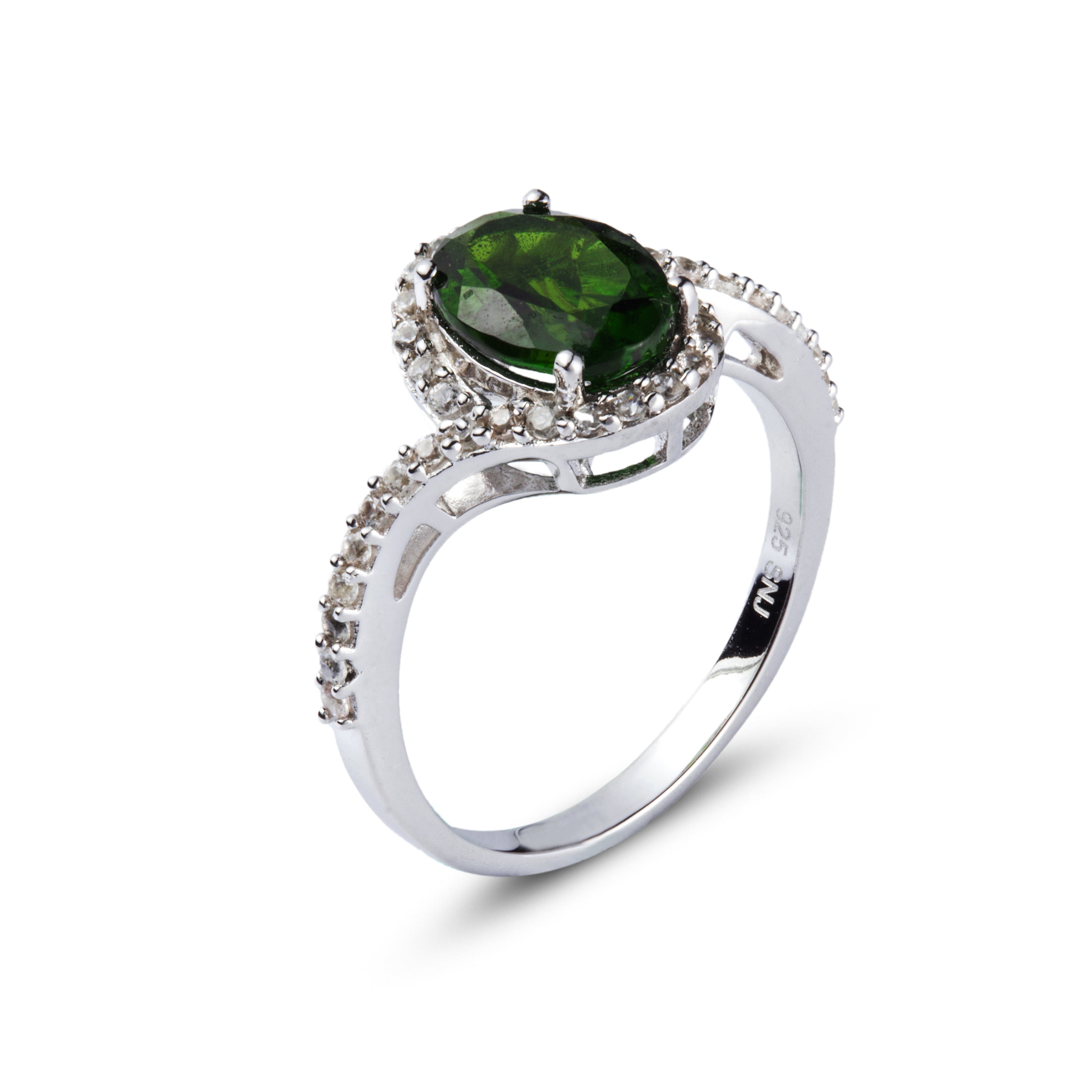 Genuine Chrome Diopside And White Zircon Sterling Silver Halo Ring