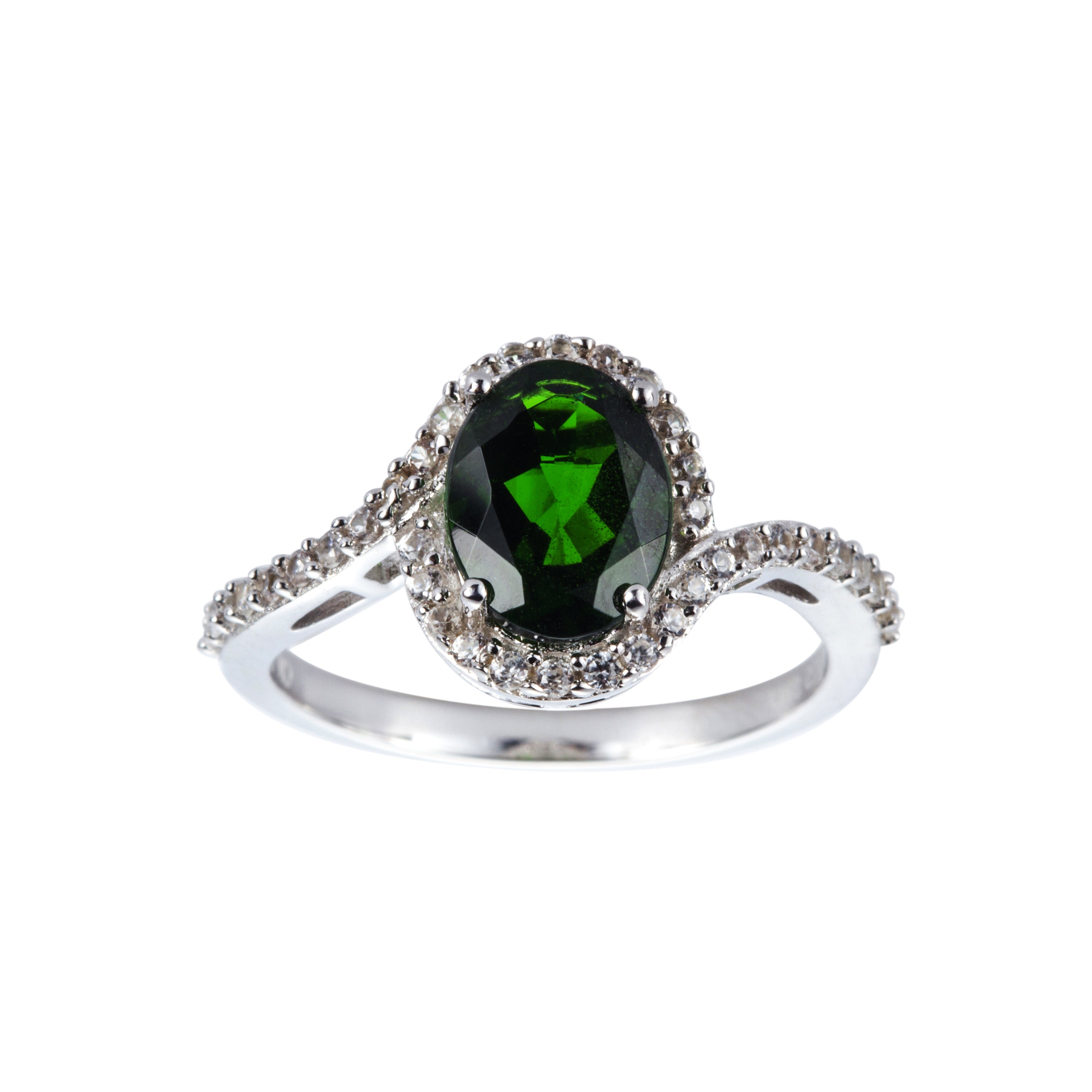 Genuine Chrome Diopside And White Zircon Sterling Silver Halo Ring