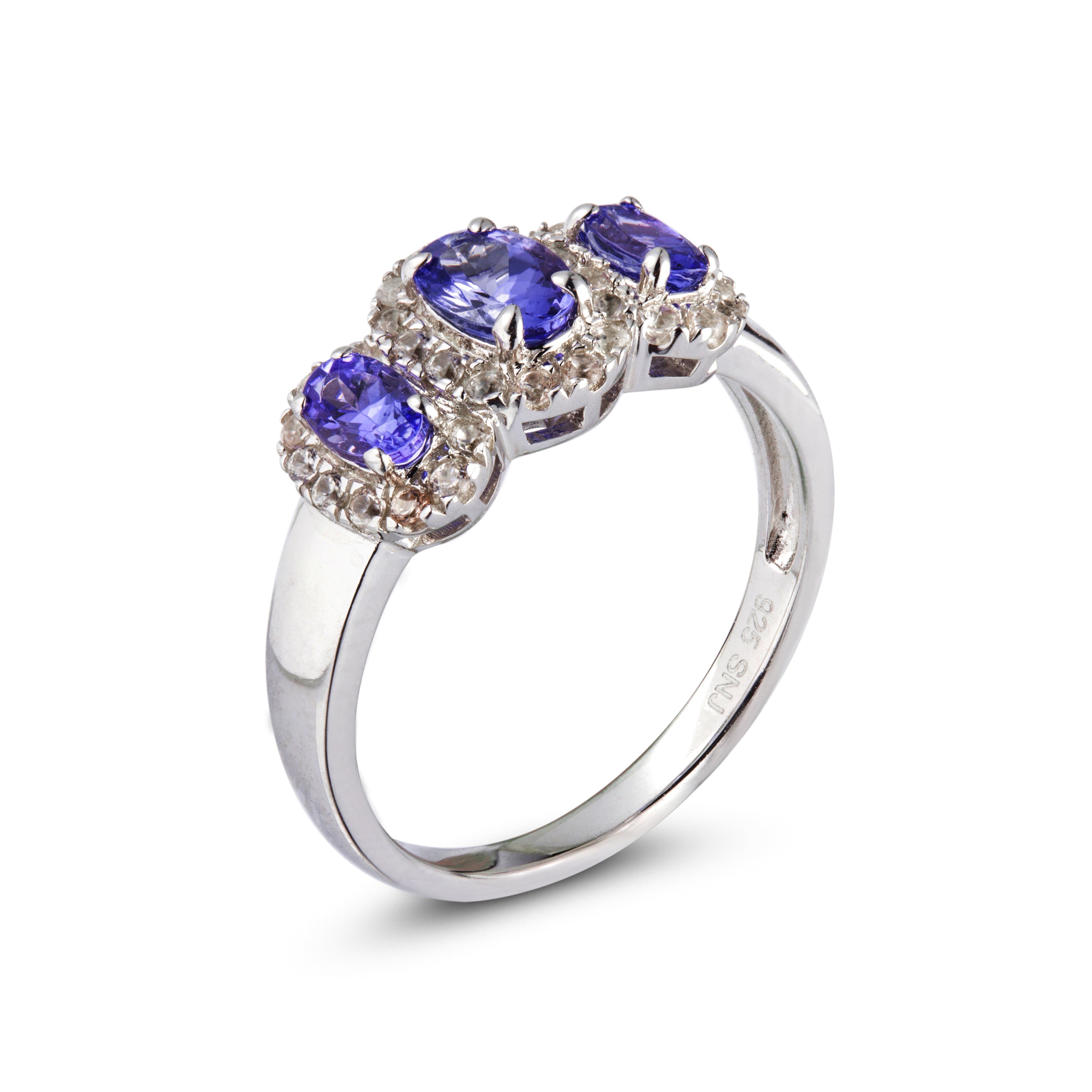 Genuine Tanzanite And White Zircon Sterling Silver 3 Stone Halo Ring