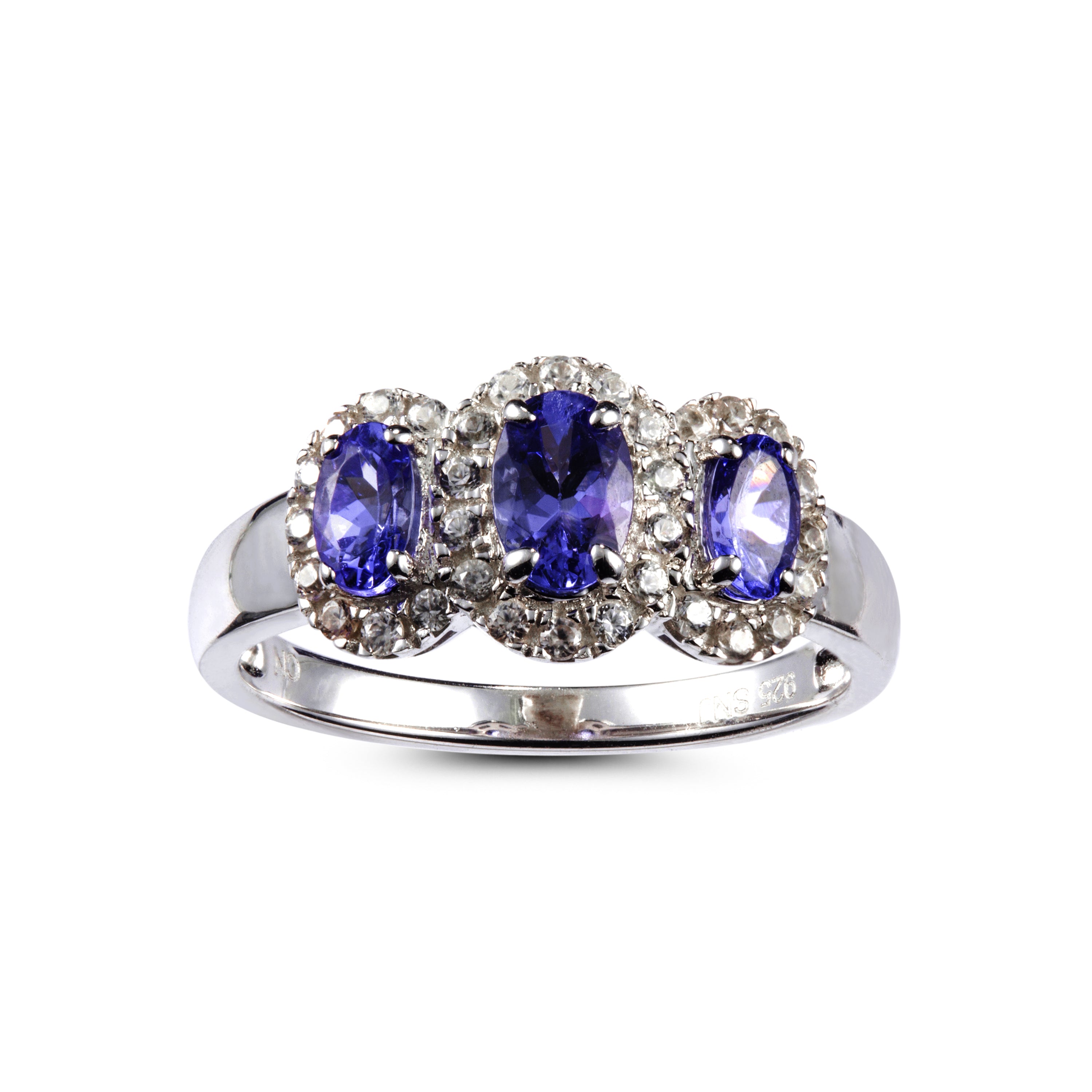 Genuine Tanzanite And White Zircon Sterling Silver 3 Stone Halo Ring