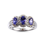 Genuine Tanzanite And White Zircon Sterling Silver 3 Stone Halo Ring