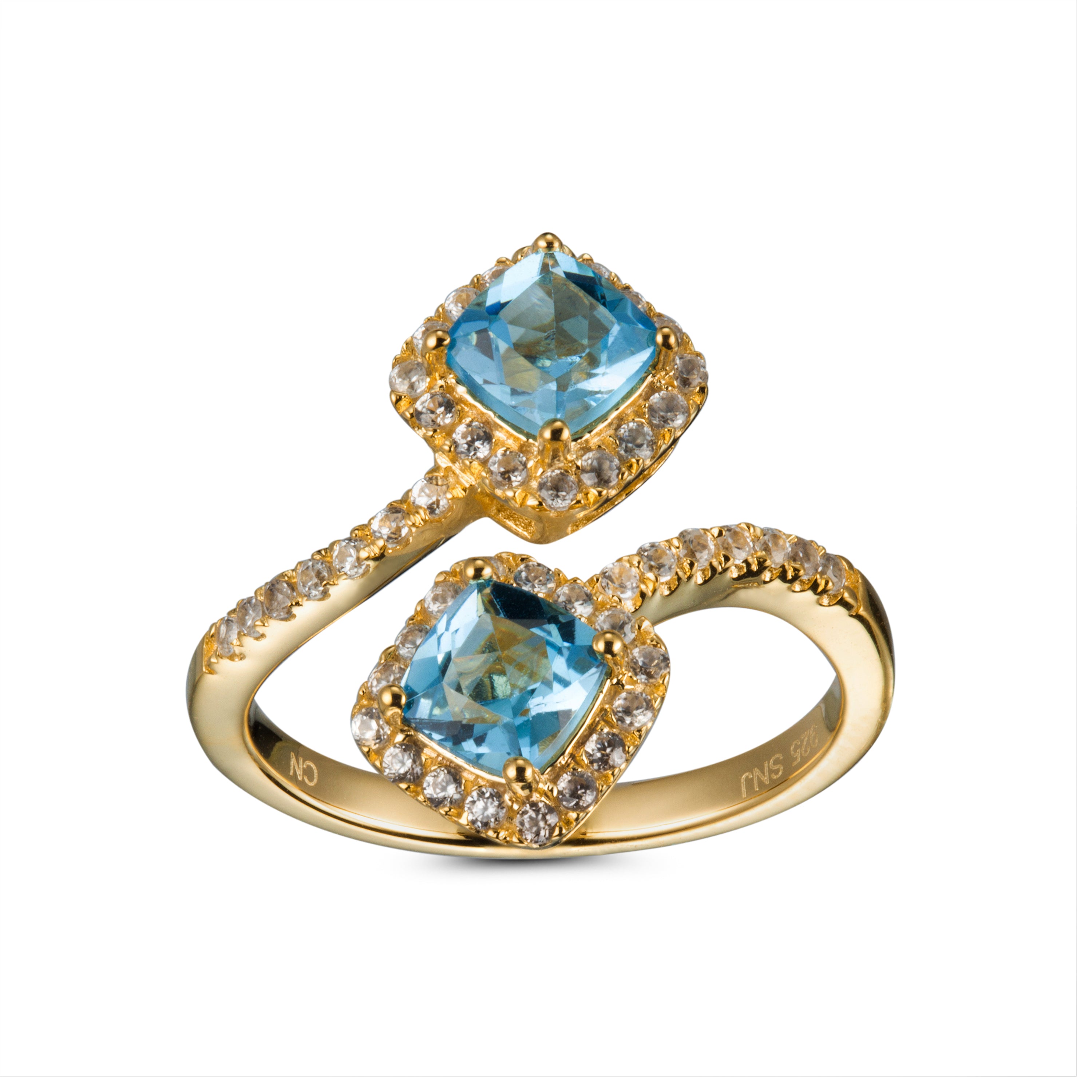 Genuine Blue Topaz And White Zircon 14k Yellow Gold Over Silver 2 Stone Bypass Ring