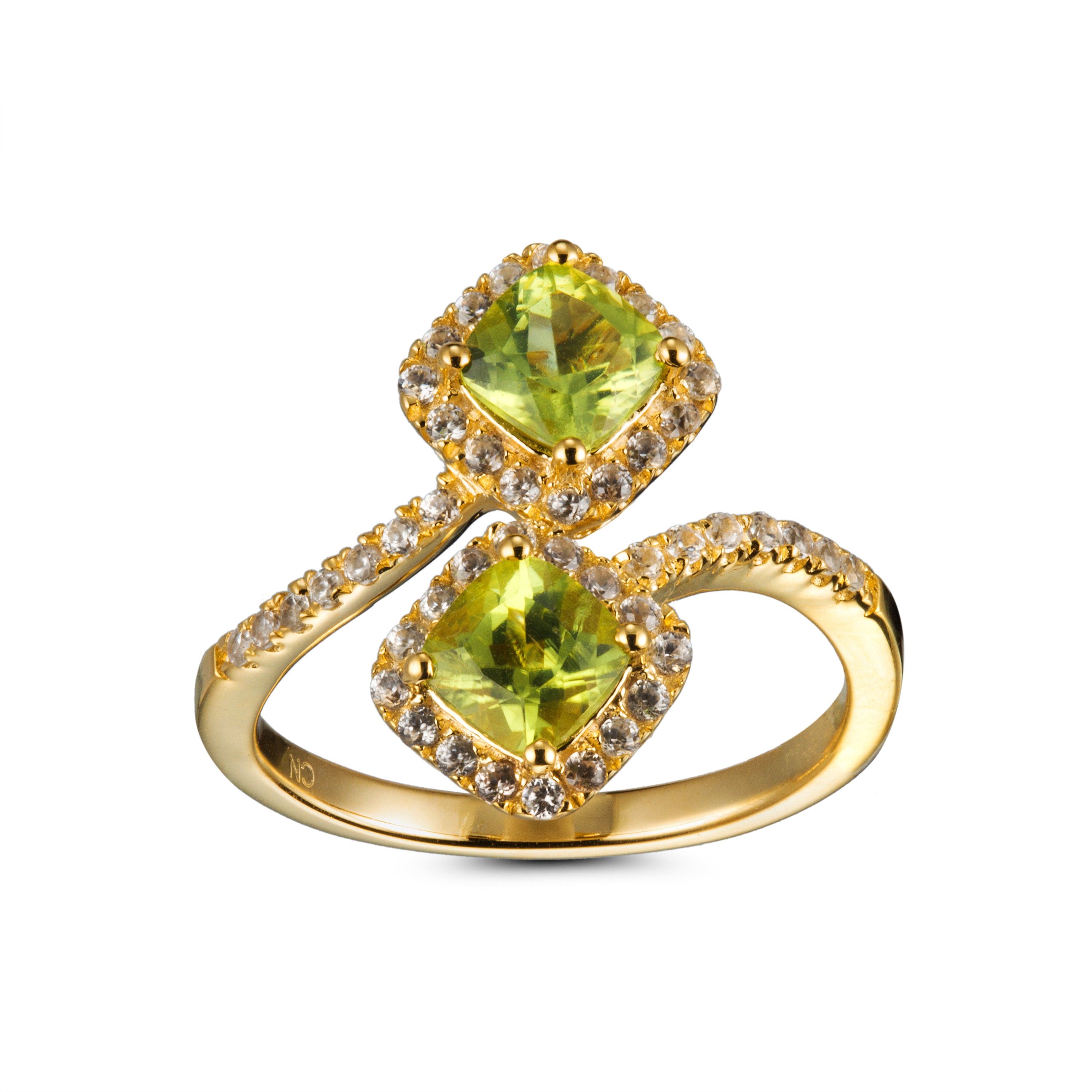 Genuine Peridot And White Zircon 14k Yellow Gold Over Silver 2 Stone Bypass Ring