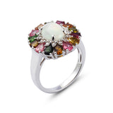 Genuine Opal, Multi Tourmaline, And White Zircon Sterling Silver Ring