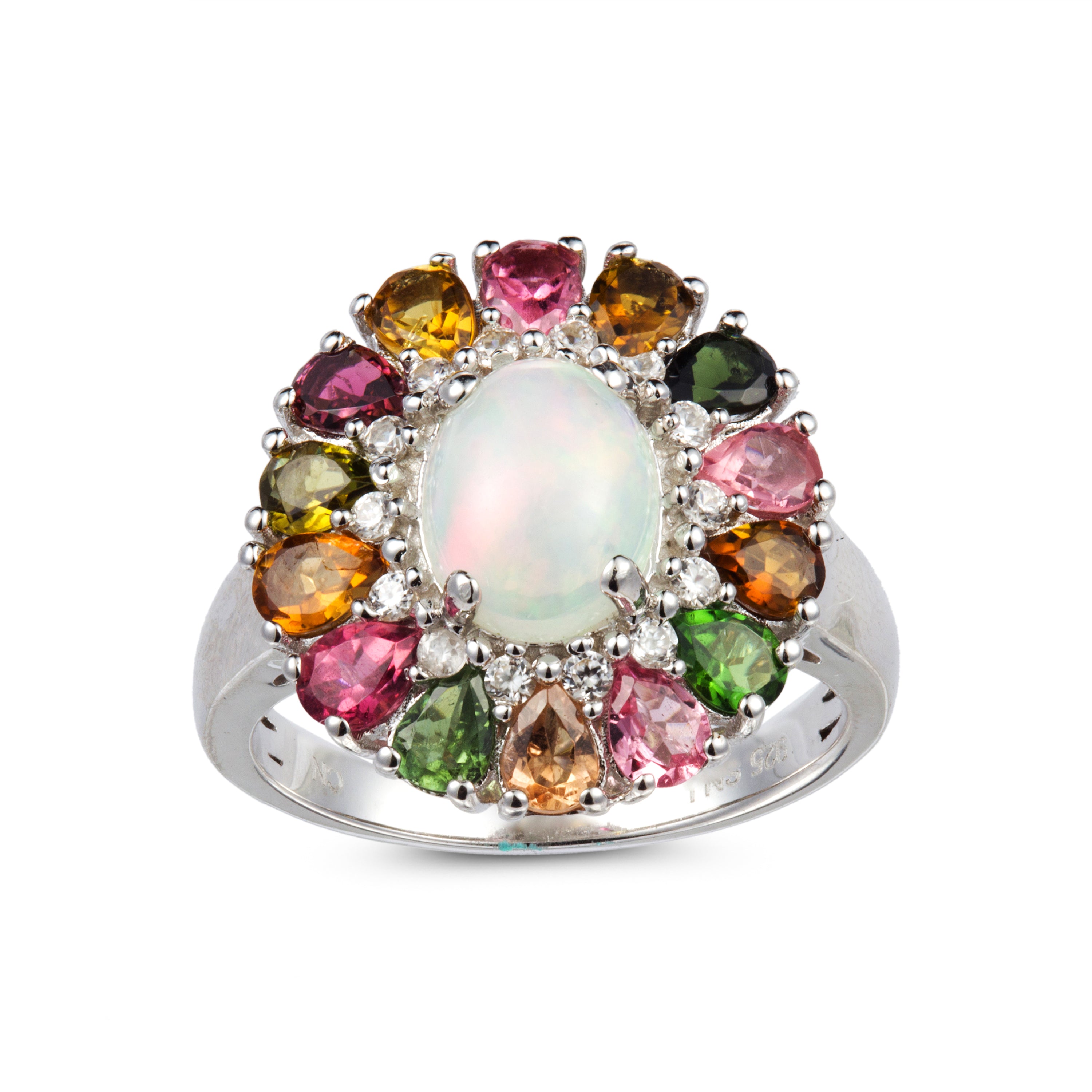 Genuine Opal, Multi Tourmaline, And White Zircon Sterling Silver Ring