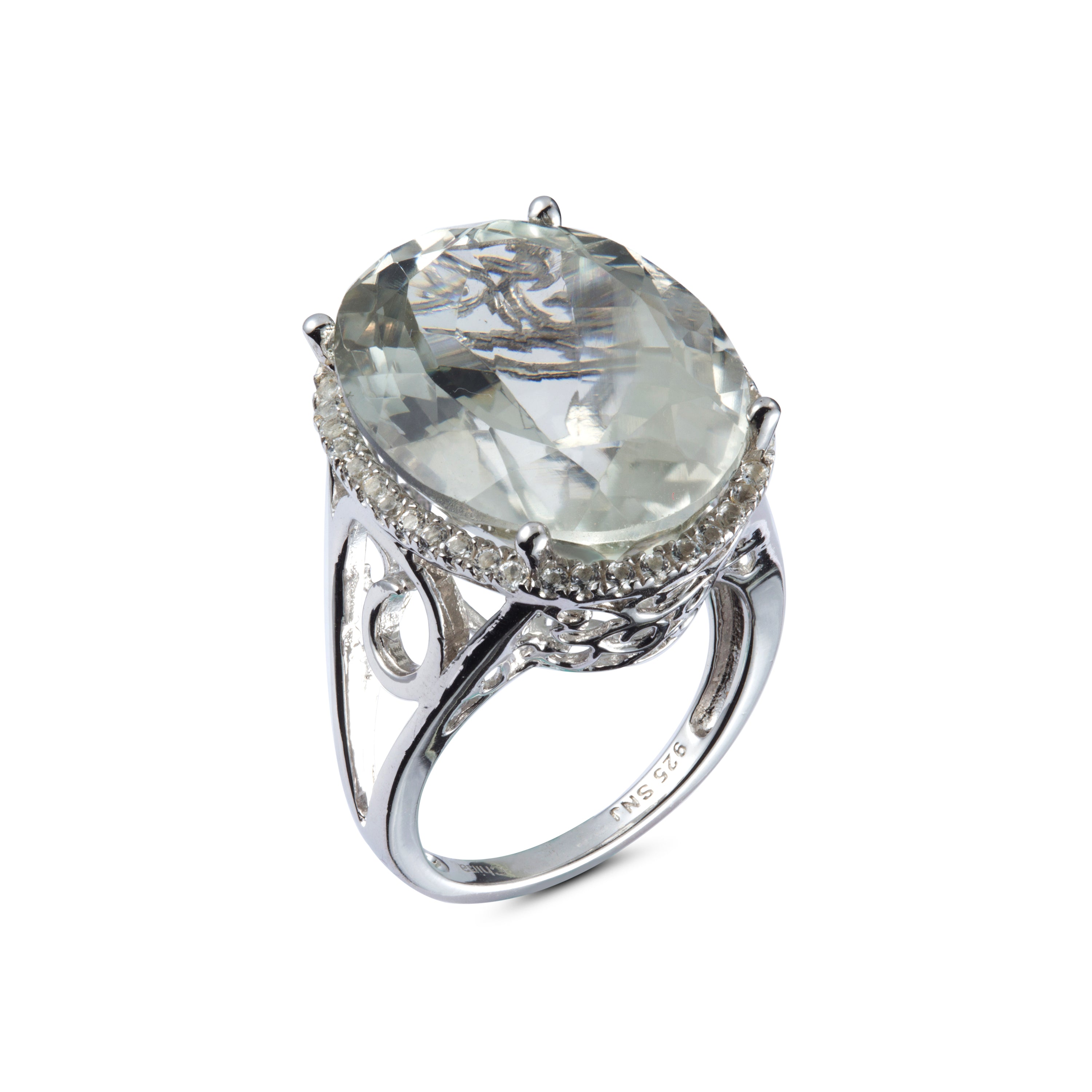 Genuine Green Amethyst And White Topaz Sterling Silver Halo Ring