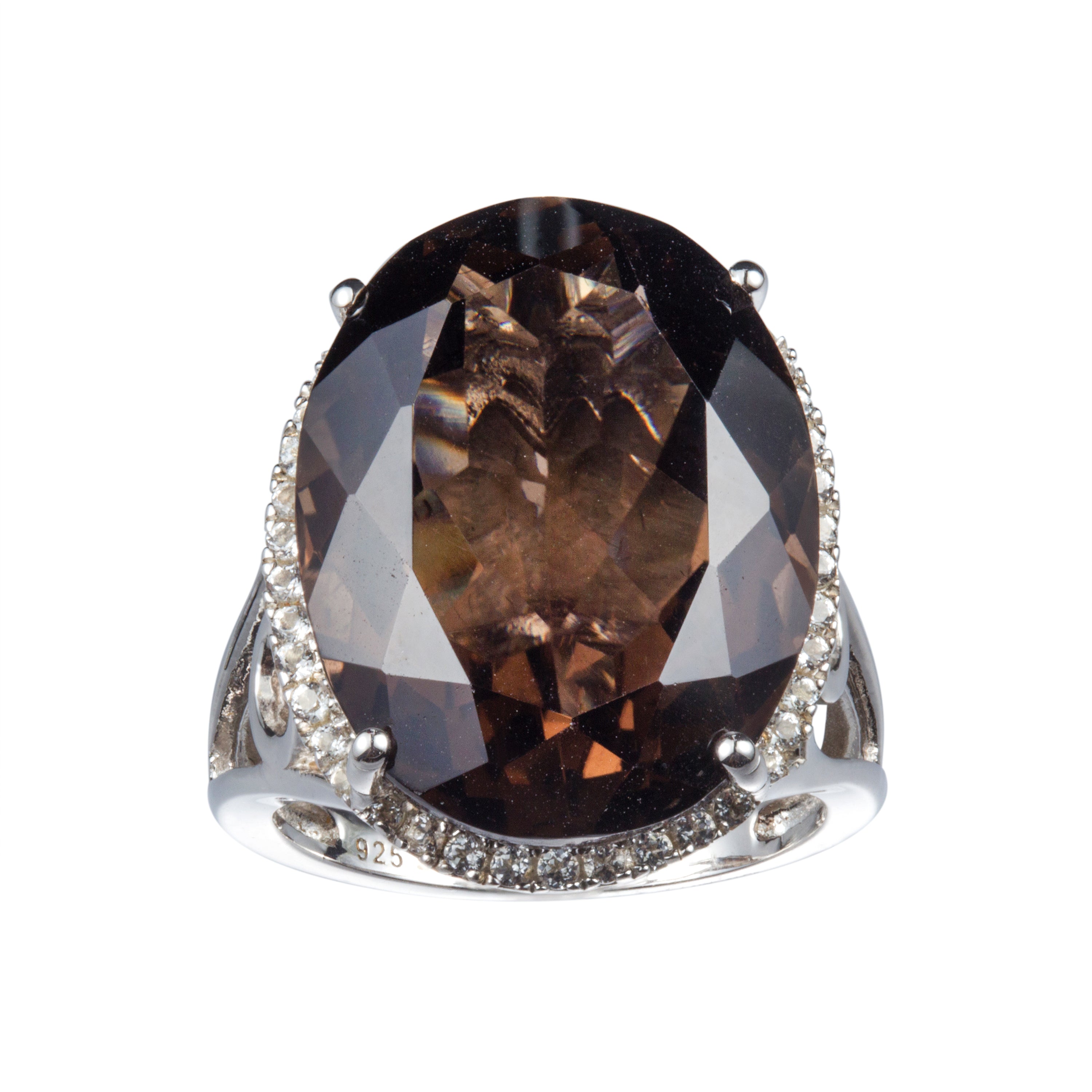 Genuine Smoky Quartz And White Topaz Sterling Silver Halo Ring