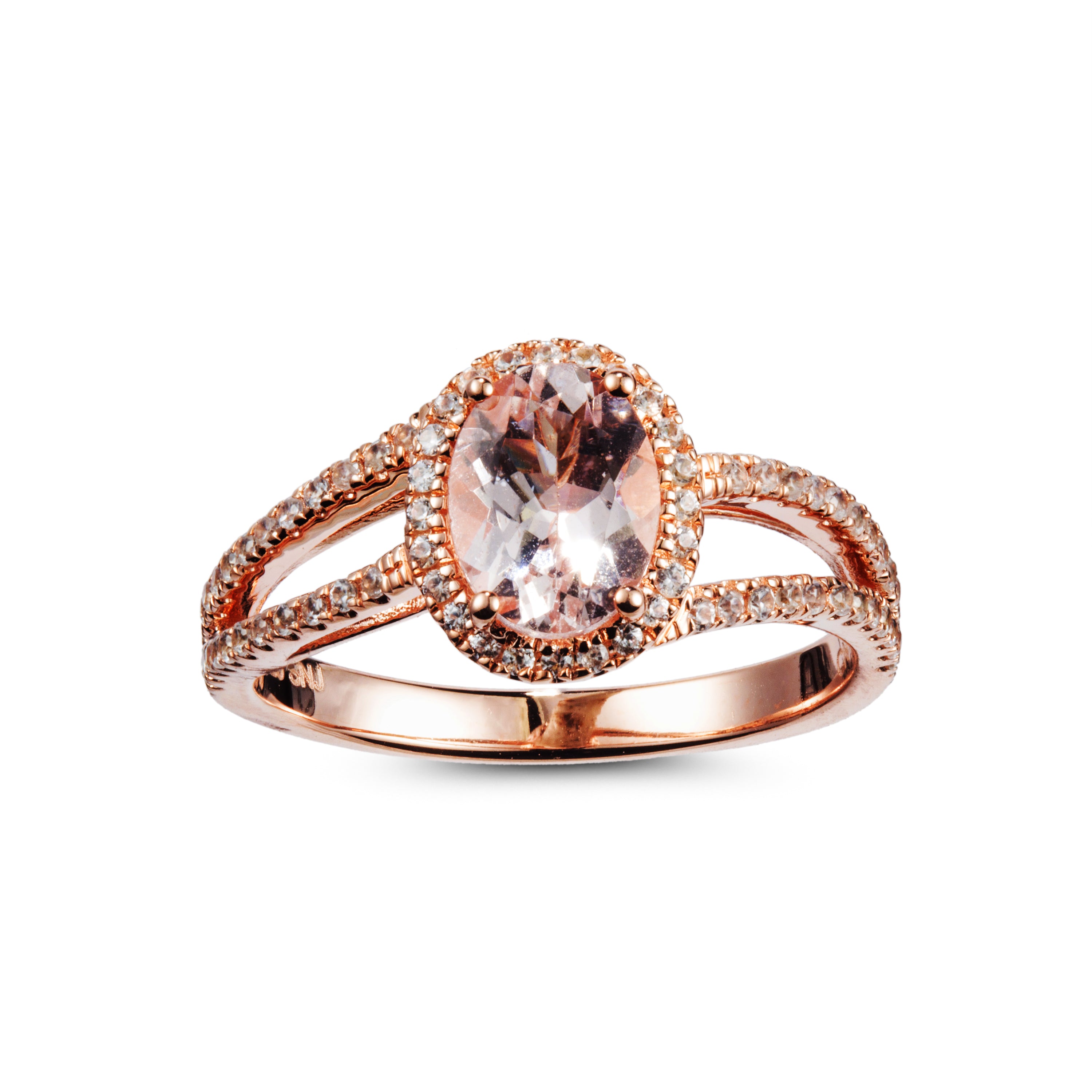 Genuine Morganite And White Zircon 14k Rose Over Silver Halo Ring