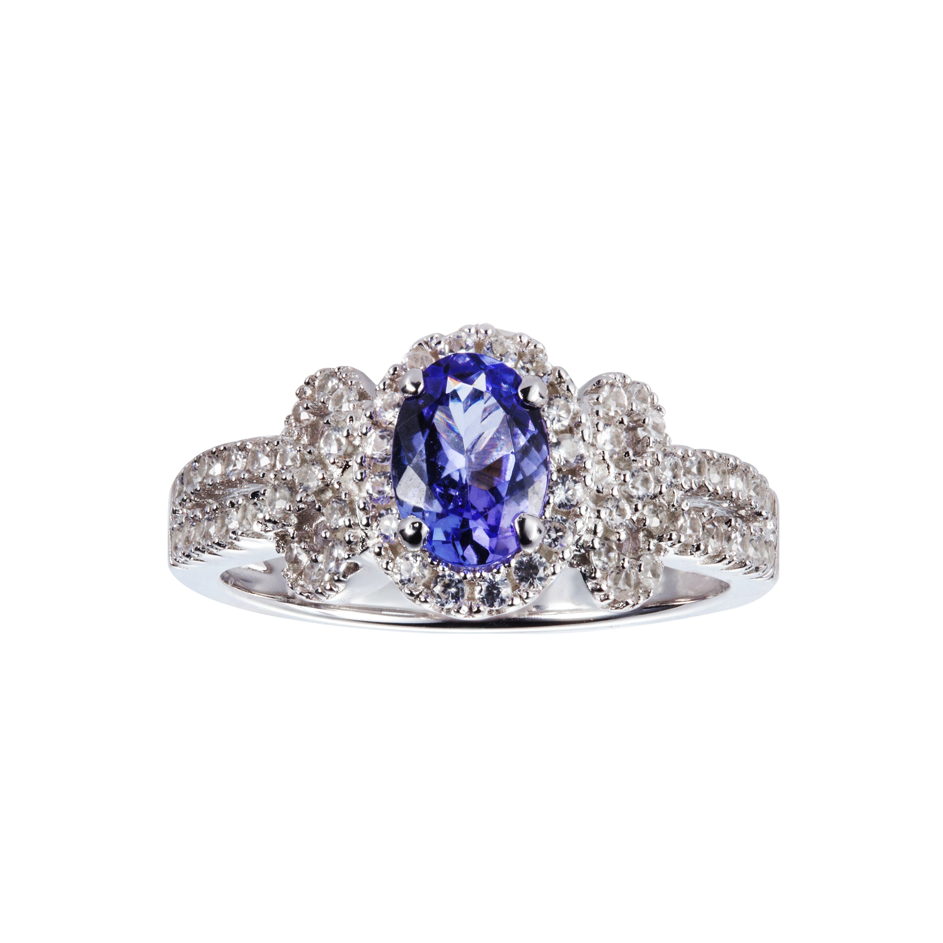 Genuine Tanzanite And White Zircon Sterling Silver Halo Ring