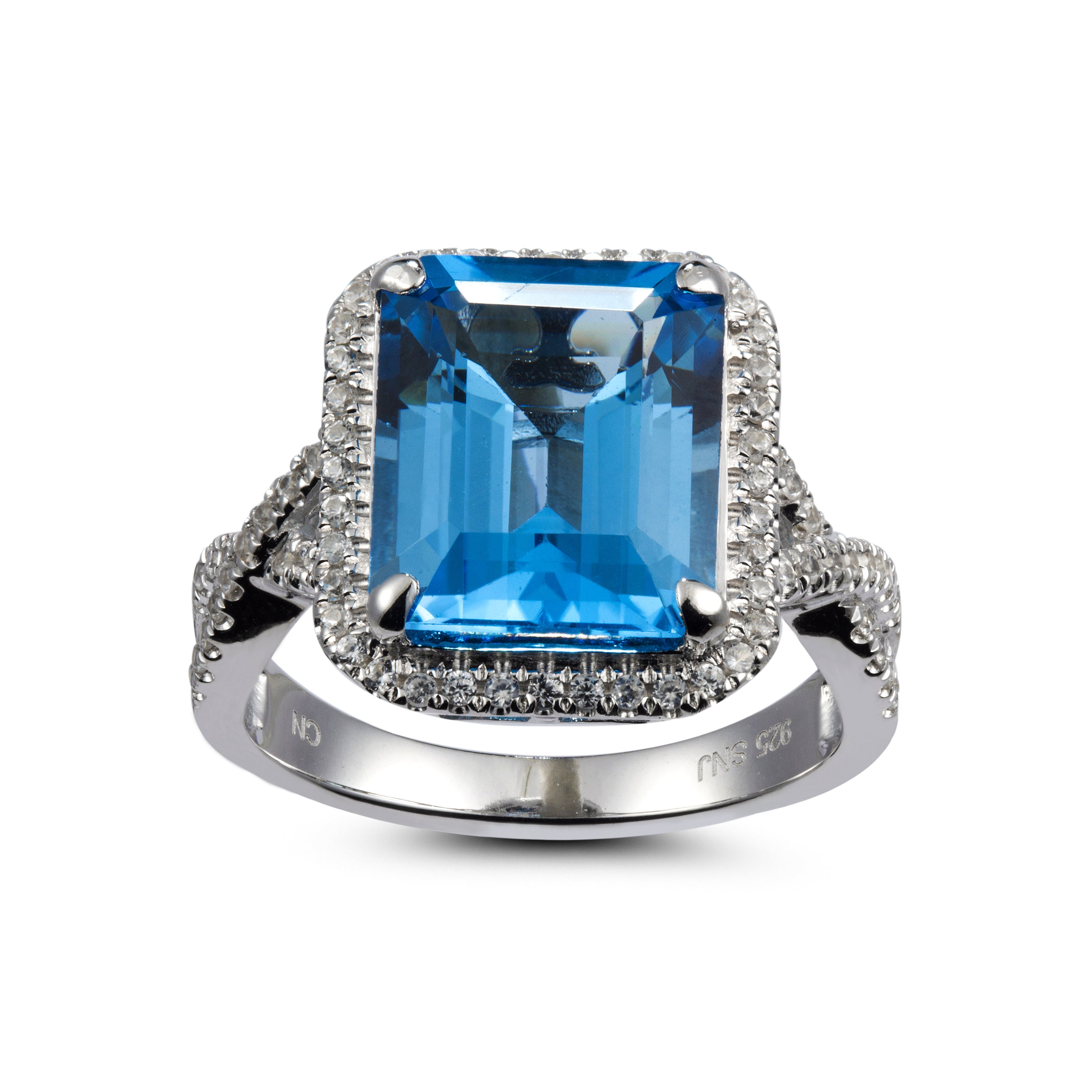 Genuine Blue Topaz And White Zircon Sterling Silver Halo Ring