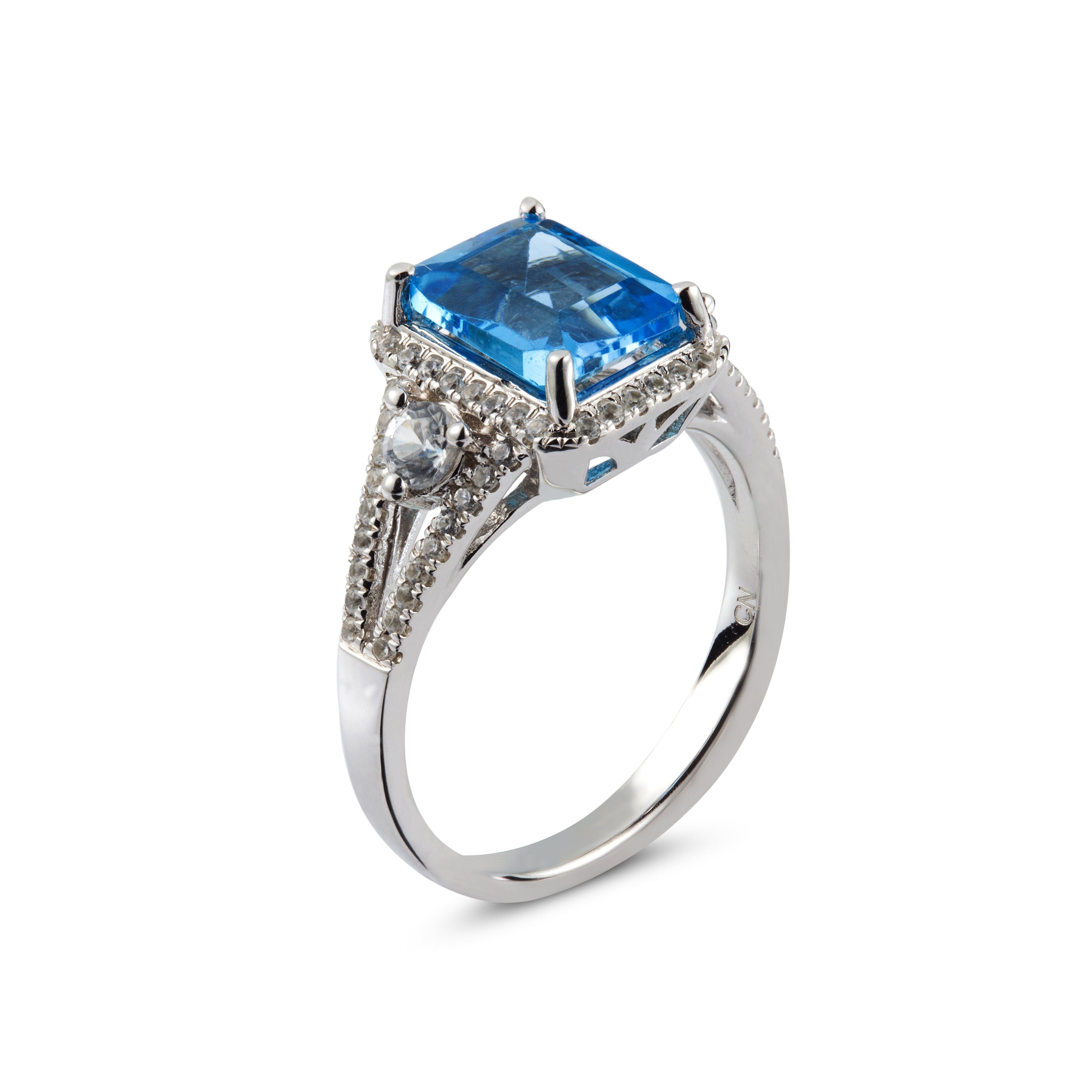 Genuine Blue Topaz And White Zircon Sterling Silver Halo Ring