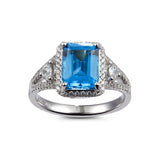 Genuine Blue Topaz And White Zircon Sterling Silver Halo Ring