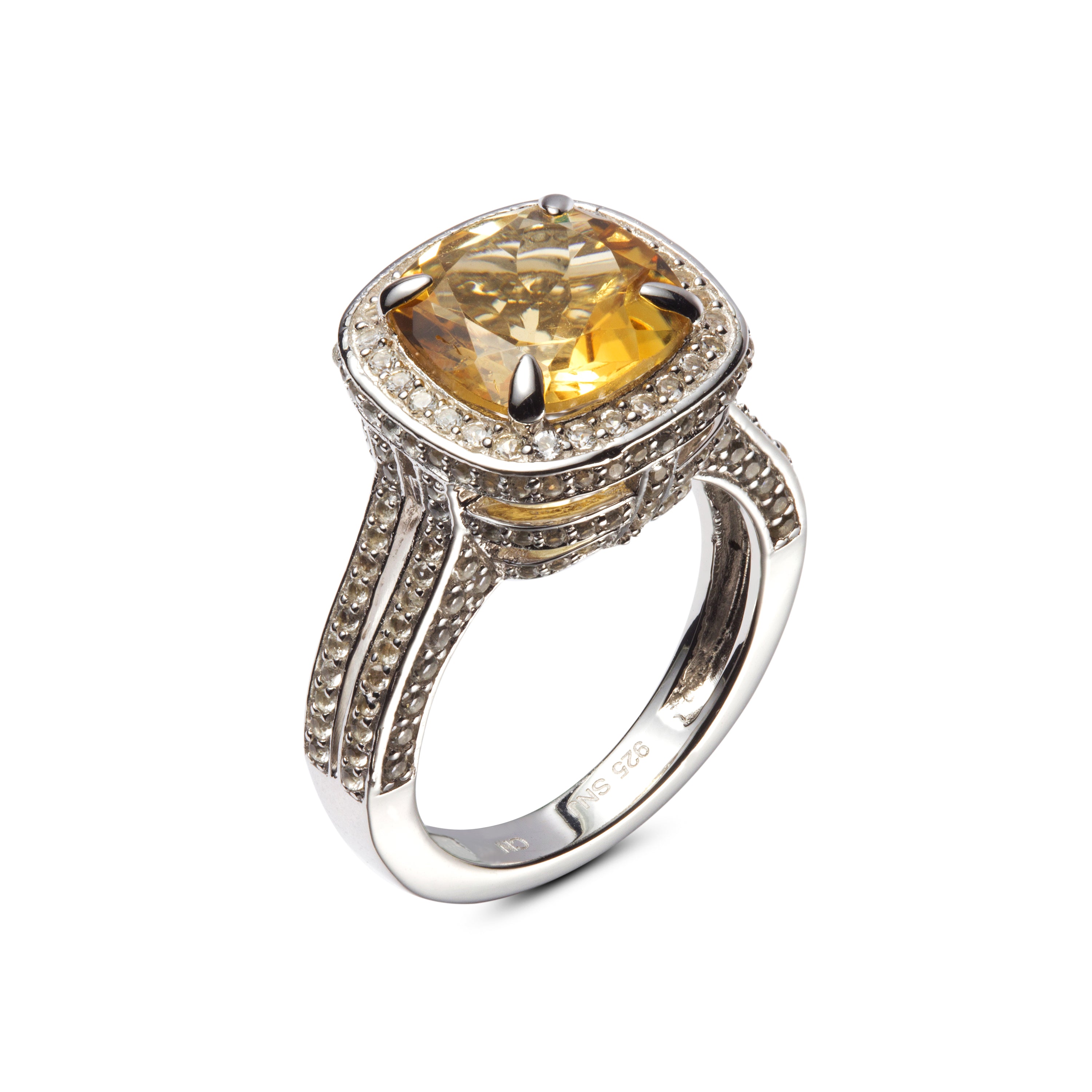 Genuine Citrine And White Topaz Sterling Silver Halo Ring