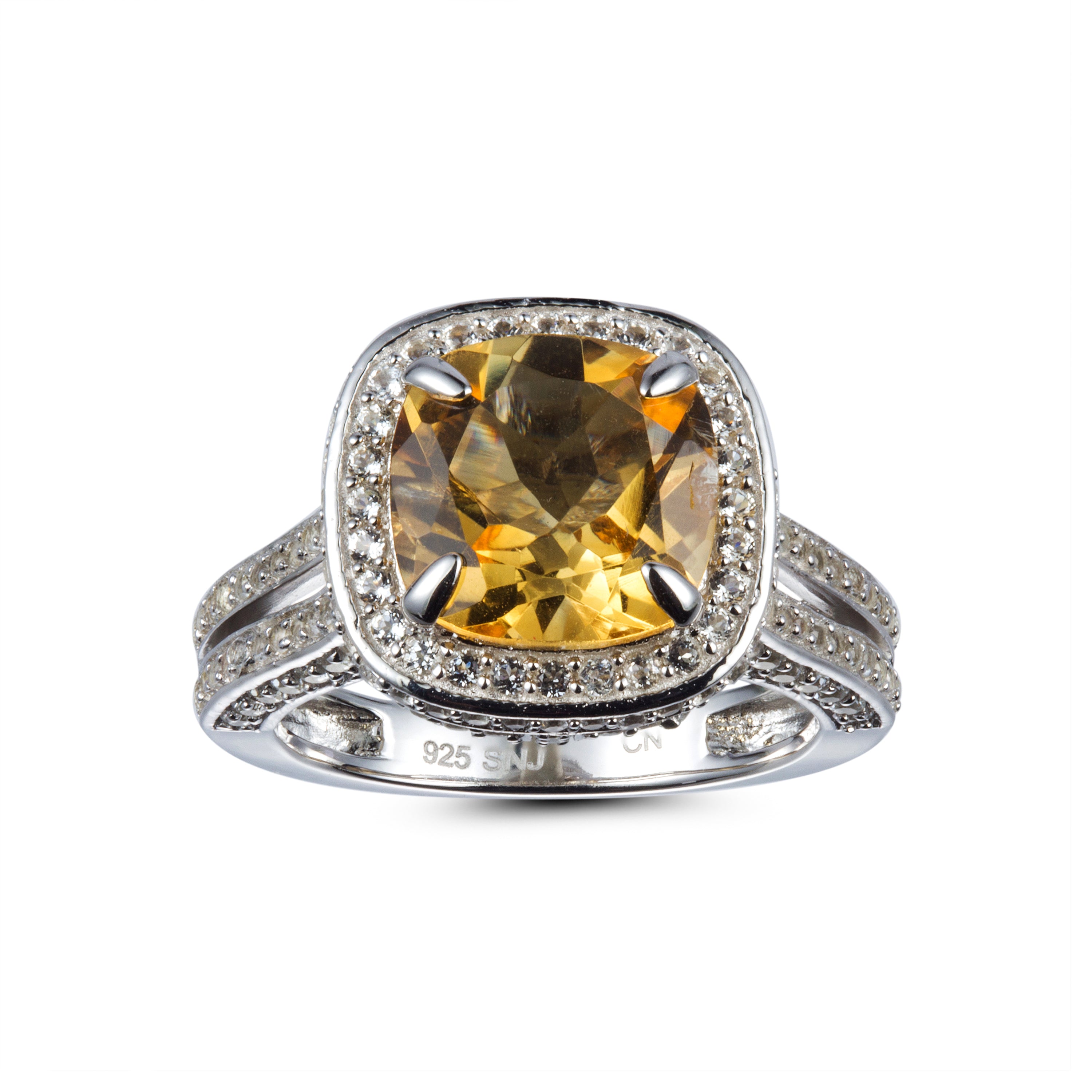 Genuine Citrine And White Topaz Sterling Silver Halo Ring