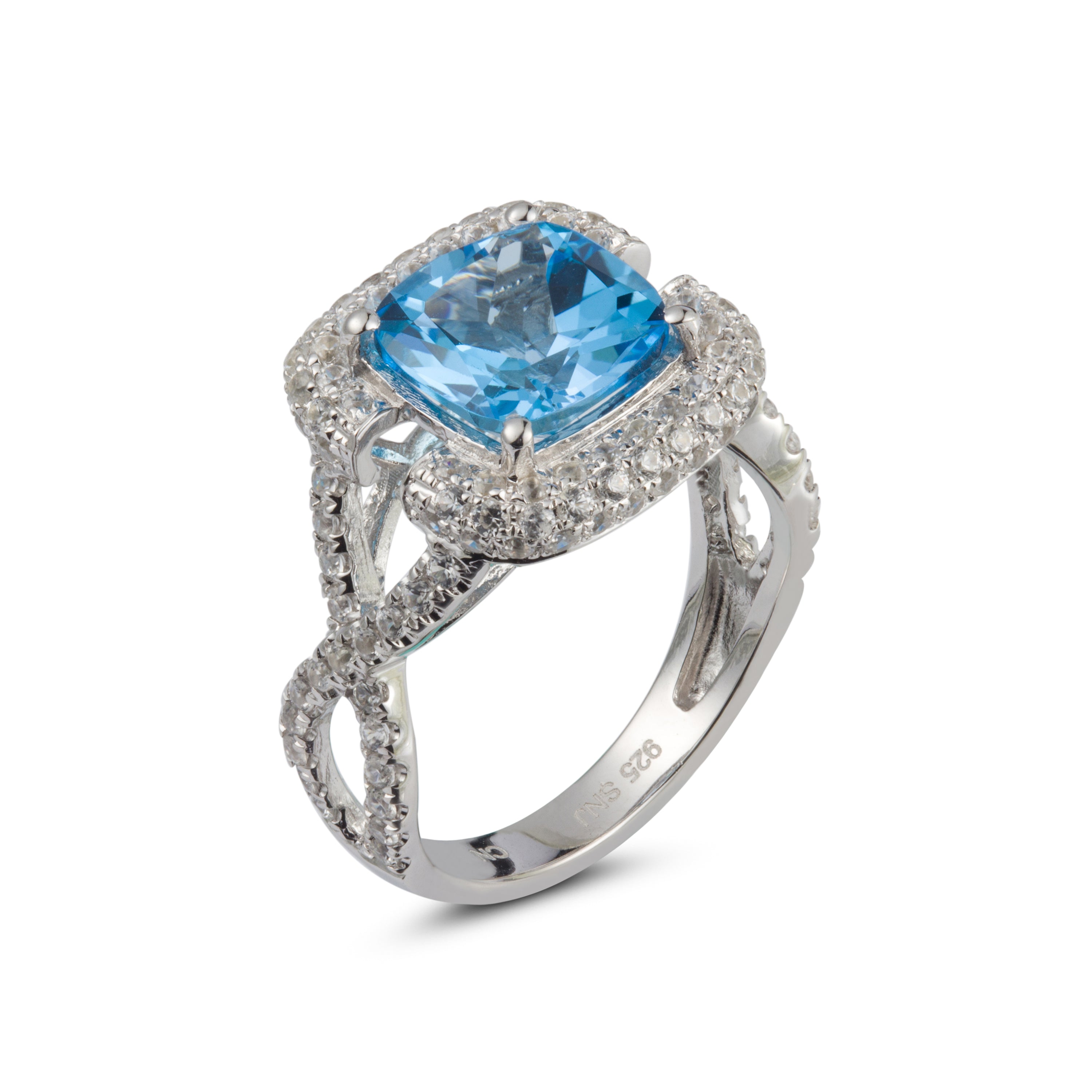 Genuine Swiss Blue Topaz And White Zircon Sterling Silver Ring