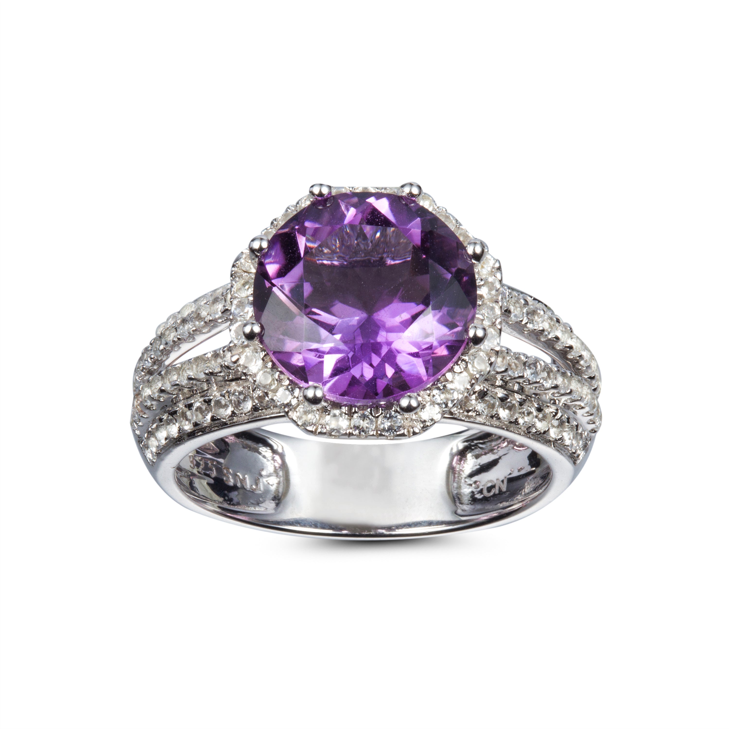 Genuine Amethyst And White Topaz Sterling Silver Halo Ring